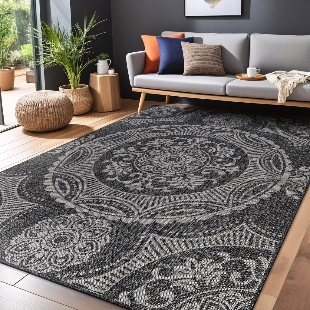Medallion Outdoor Rug 9x12 Washable Outside Carpet for Indoor Patio Porch Waterproof Easy Cleaning Non Shedding Area Rugs Dark Gray 9 x 12