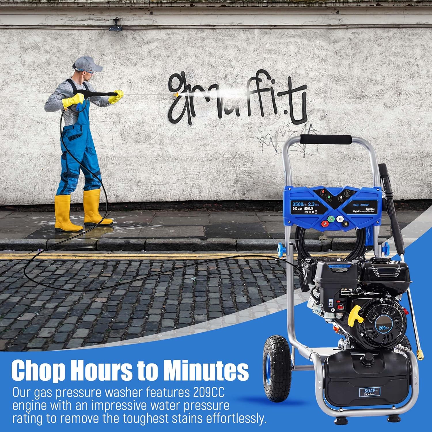 Gas Pressure Washer 3500 PSI, 2.3 GPM Heavy Duty High Power Washer,209CC 7HP Engine with 25Ft Pressure Hose, Axial Aluminum Pump, Soap Tank, 4 Quick Connect Nozzle (Blue)