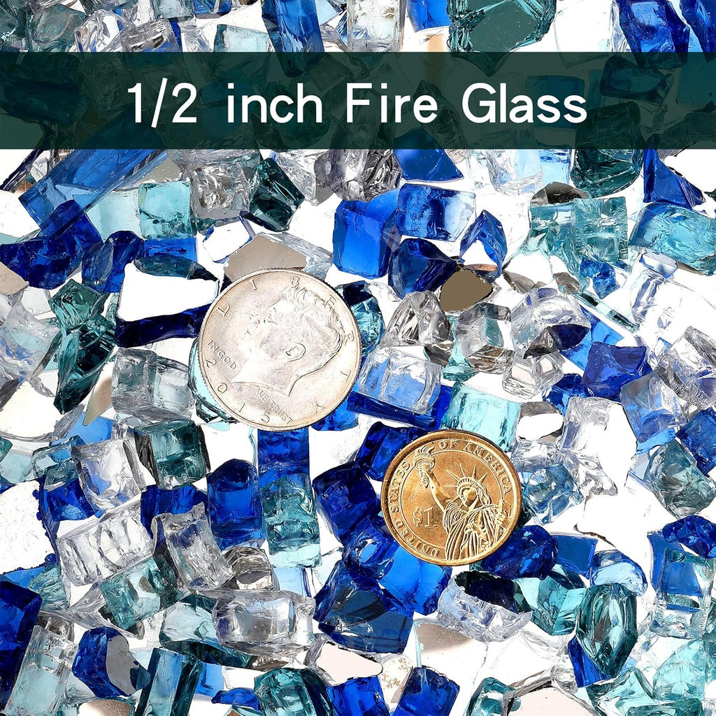 Mr. Fireglass 10 Pounds Blended Fire Glass - 1/2 Inch Mixed Colored High Luster Reflective Tempered Glass Rocks for Fireplace Fire Pit Table Fireplace and Landscaping, Aqua Blue+Cobalt Blue+Platinum