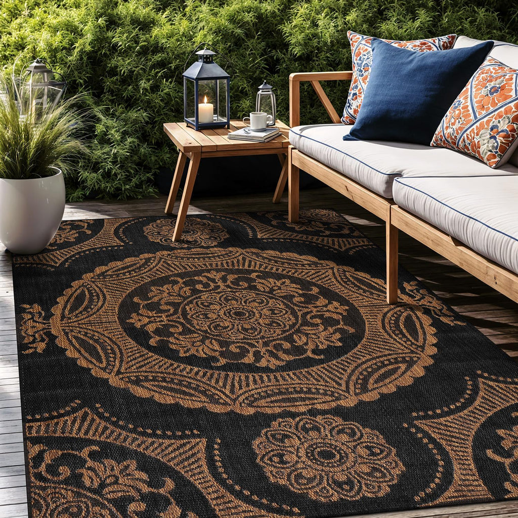 Medallion Outdoor Rug 9x12 Washable Outside Carpet for Indoor Patio Porch Waterproof Easy Cleaning Non Shedding Area Rugs Nut Brown 9 x 12