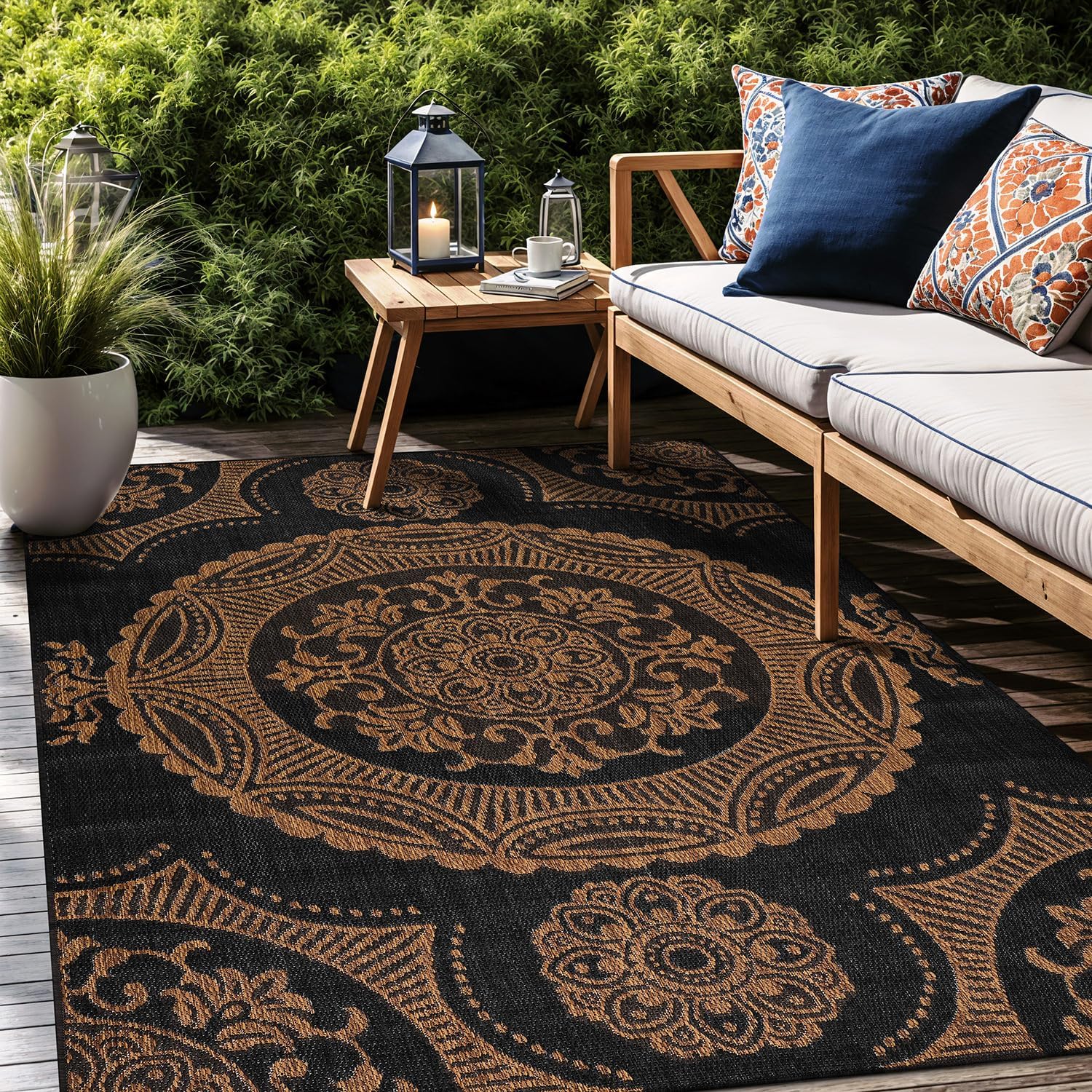 Medallion Outdoor Rug 9x12 Washable Outside Carpet for Indoor Patio Porch Waterproof Easy Cleaning Non Shedding Area Rugs Nut Brown 9 x 12