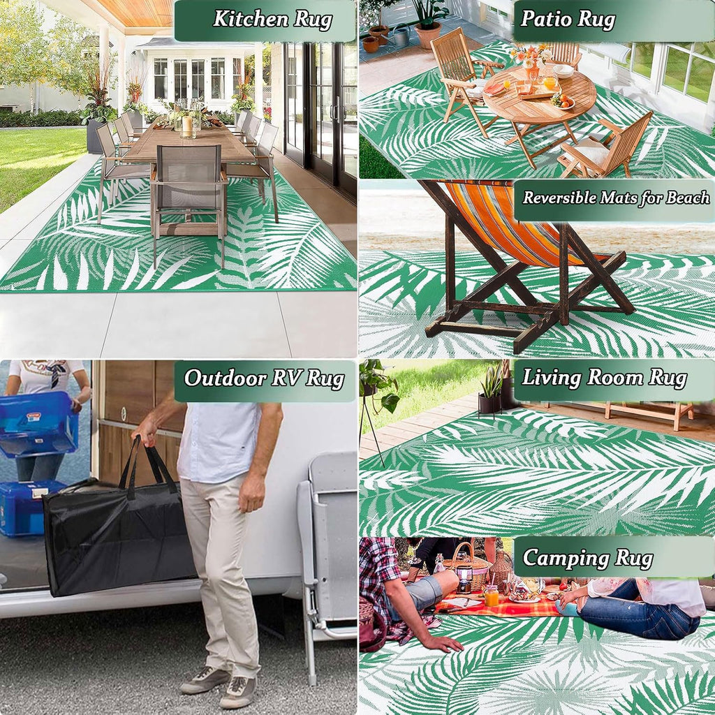 Outdoor Rug 8'x10' Waterproof for Patios Clearance, Reversible Outdoor Plastic Straw Rug Camping Carpet, Outside Floor Mats Large Area Rugs for RV,Patio,Deck,Porch, Beach,Balcony,Green&White