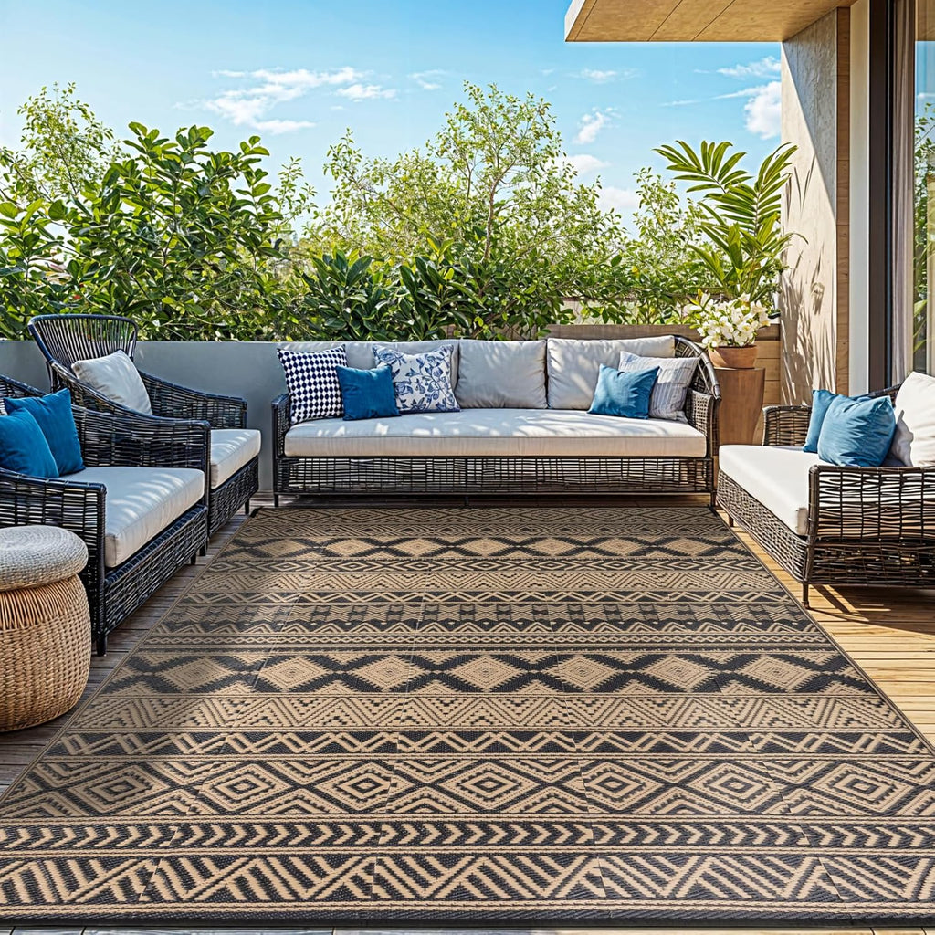 8'x10' Reversible Outdoor Rug - Eco-Friendly Plastic Straw Rug-Heavy-Duty Waterproof Mat, UV & Fade Resistant for Patio, Camping, RV, Deck, Balcony(8x10,Black&Brown)