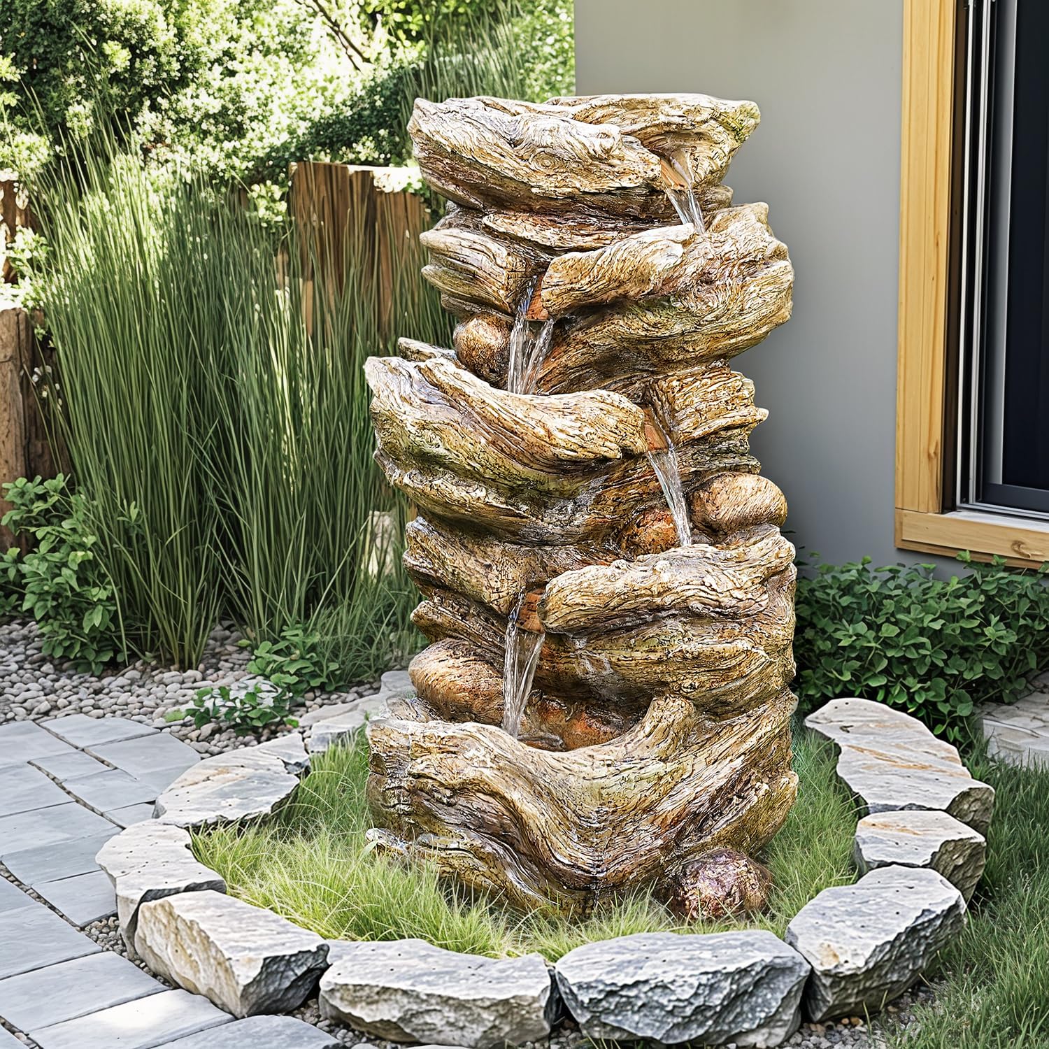 32" High Outdoor Water Fountain, 5-Tiers Cascading Rock Waterfall with LED Lights for Garden, Patio, Yard Decor, Soothing Tranquility for Any Outdoor Living Space