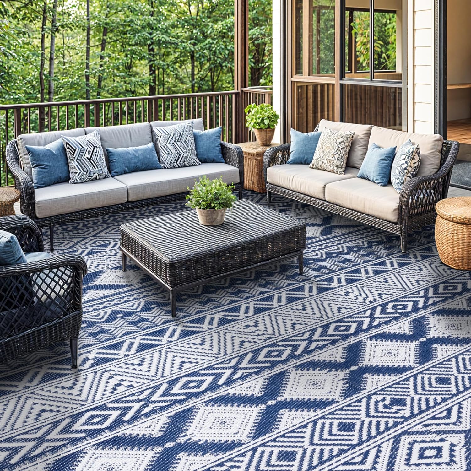 8'x10' Reversible Outdoor Rug - Eco-Friendly Plastic Straw Rug-Heavy-Duty Waterproof Mat, UV & Fade Resistant for Patio, Camping, RV, Deck, Balcony(8x10,Blue&White)