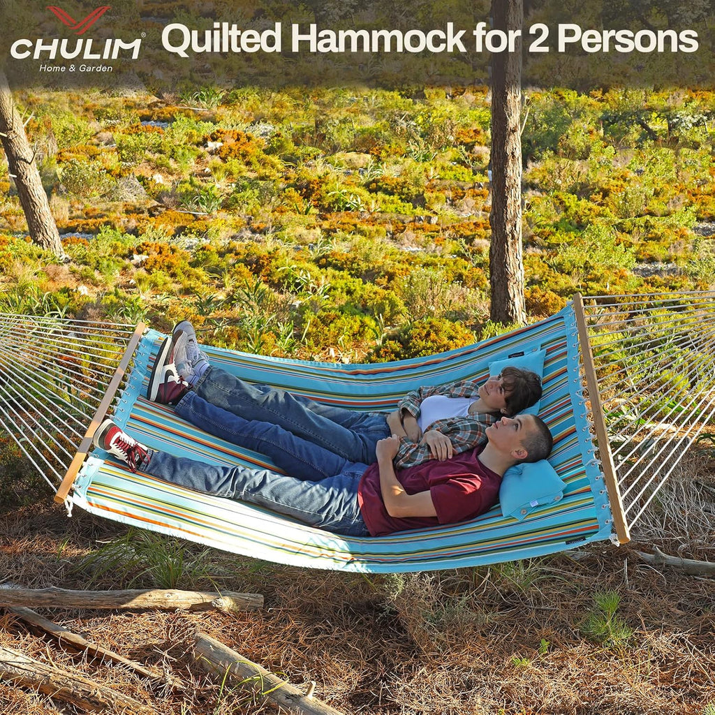 12 FT Double Quilted Fabric Hammock with Spreader Bars and Pillow 450 LBS Weight Capacity 2 Person Hammock for Outdoor Patio Backyard Poolside Blue Stripes