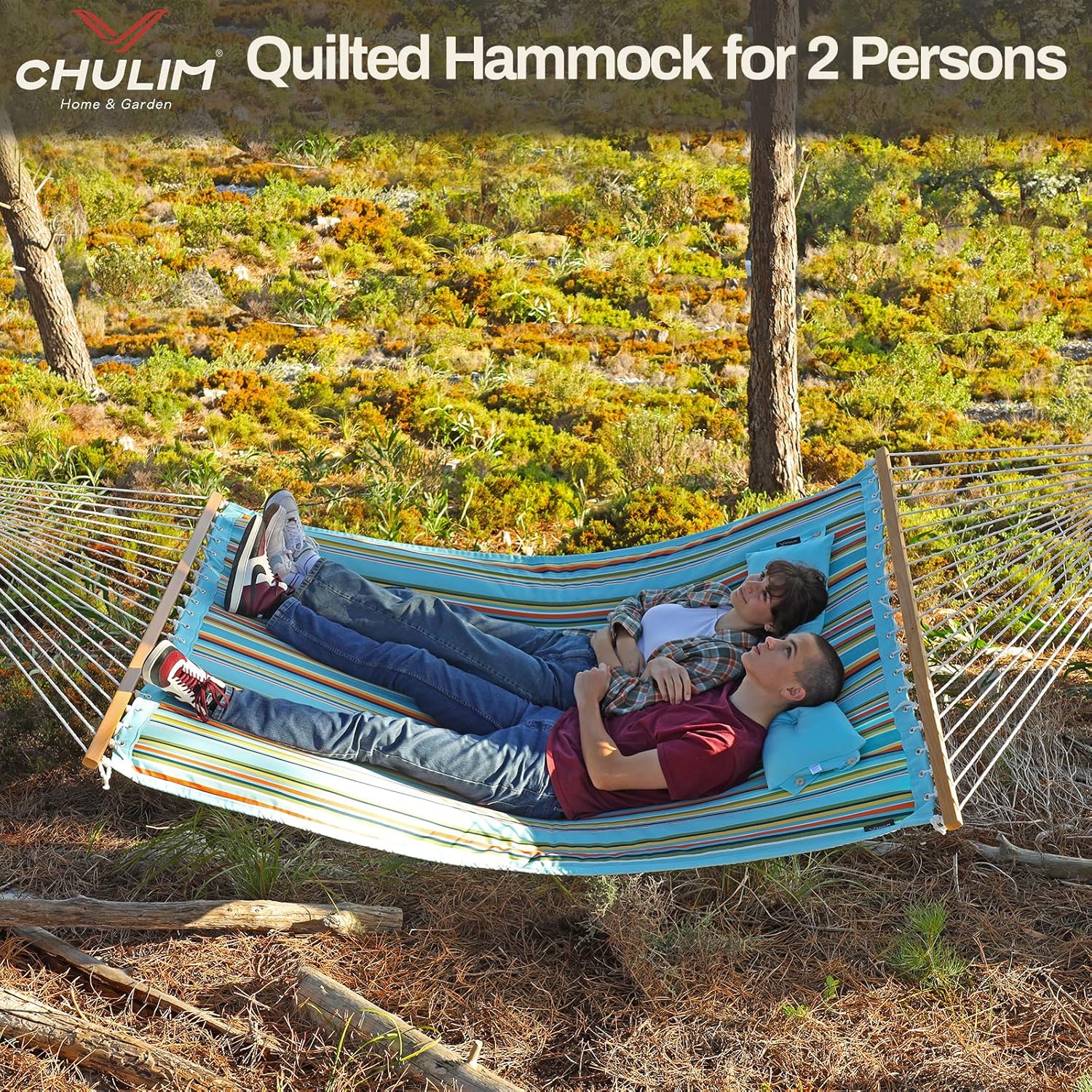 12 FT Double Quilted Fabric Hammock with Spreader Bars and Pillow 450 LBS Weight Capacity 2 Person Hammock for Outdoor Patio Backyard Poolside Blue Stripes