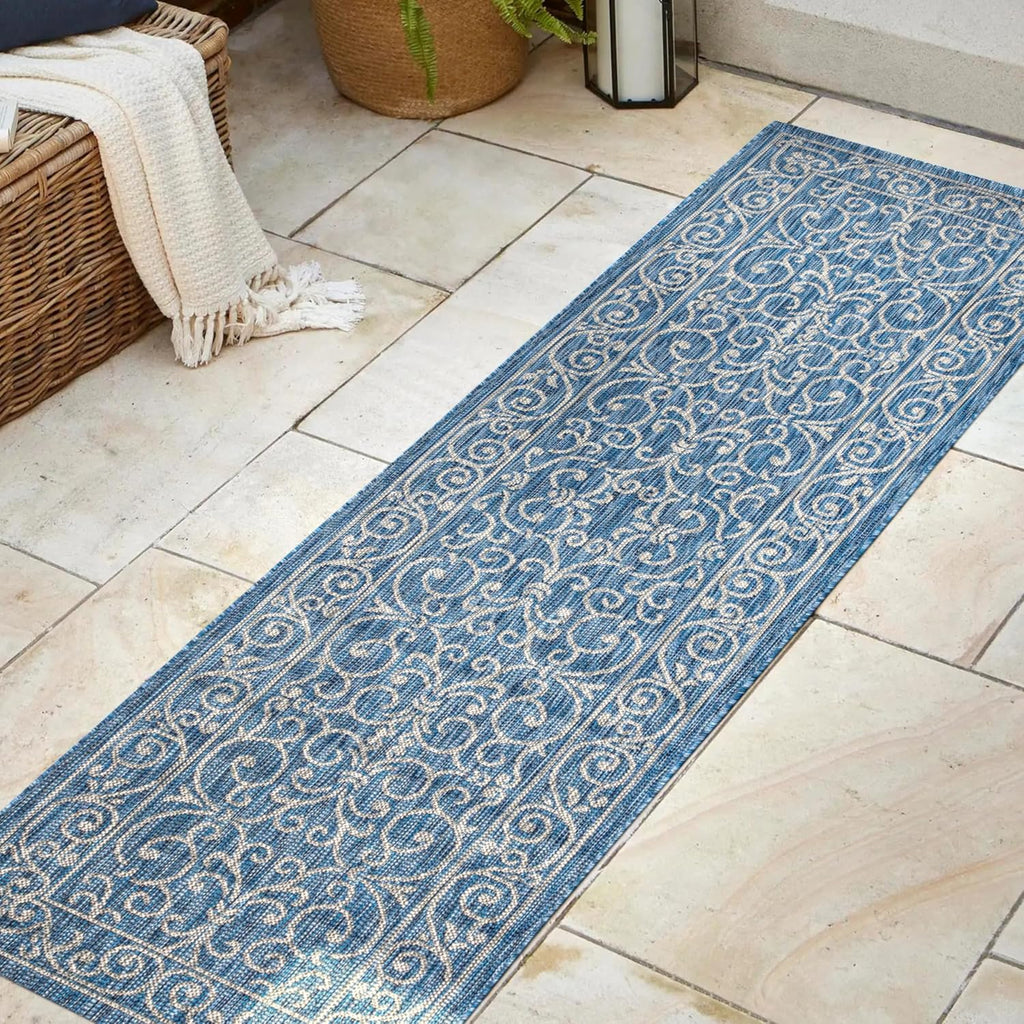 JONATHAN Y SMB106D-28 Charleston Vintage Filigree Textured Weave Indoor/Outdoor Navy/Gray 2 ft. x 8 ft. Runner Rug, Classic,Easy Cleaning,HighTraffic,LivingRoom,Backyard, Non Shedding