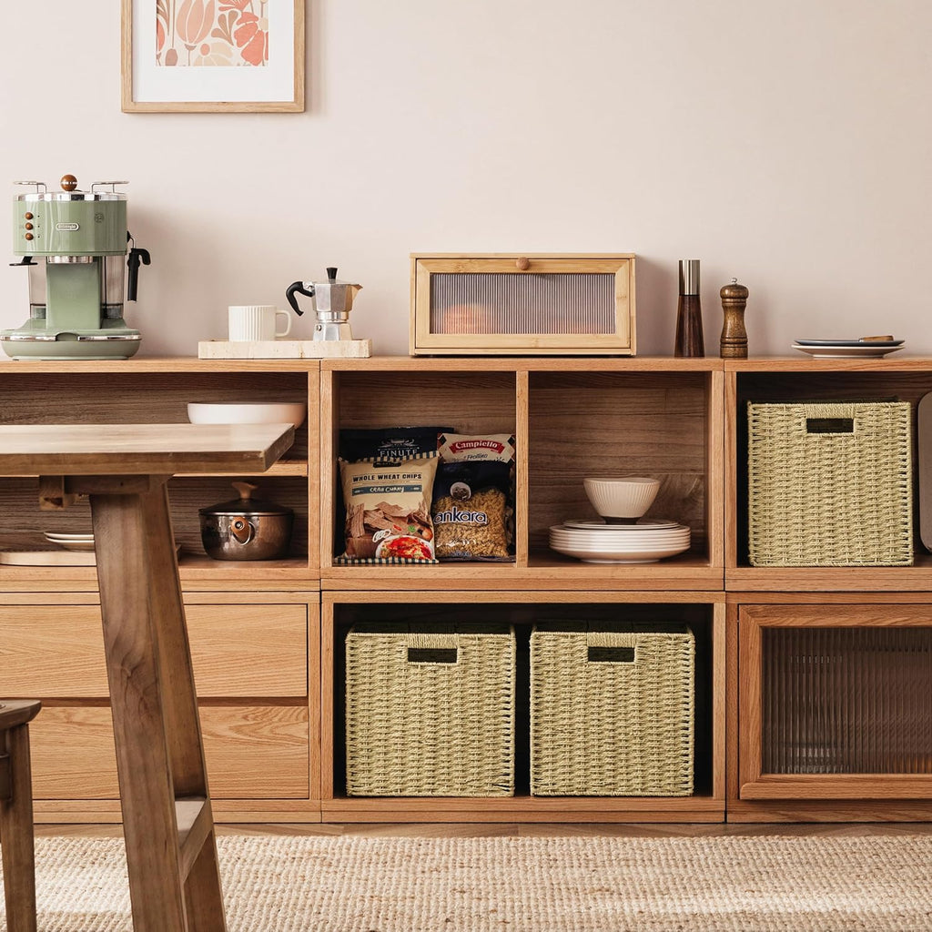 UBBCARE 4 Pack Wicker Basket, 11L×11H×10.5W inch Woven Paper Rope Storage Baskets for shelves, Foldable Cube Storage bin with Handle, Storage Basket for Organizing & Decor, Natural