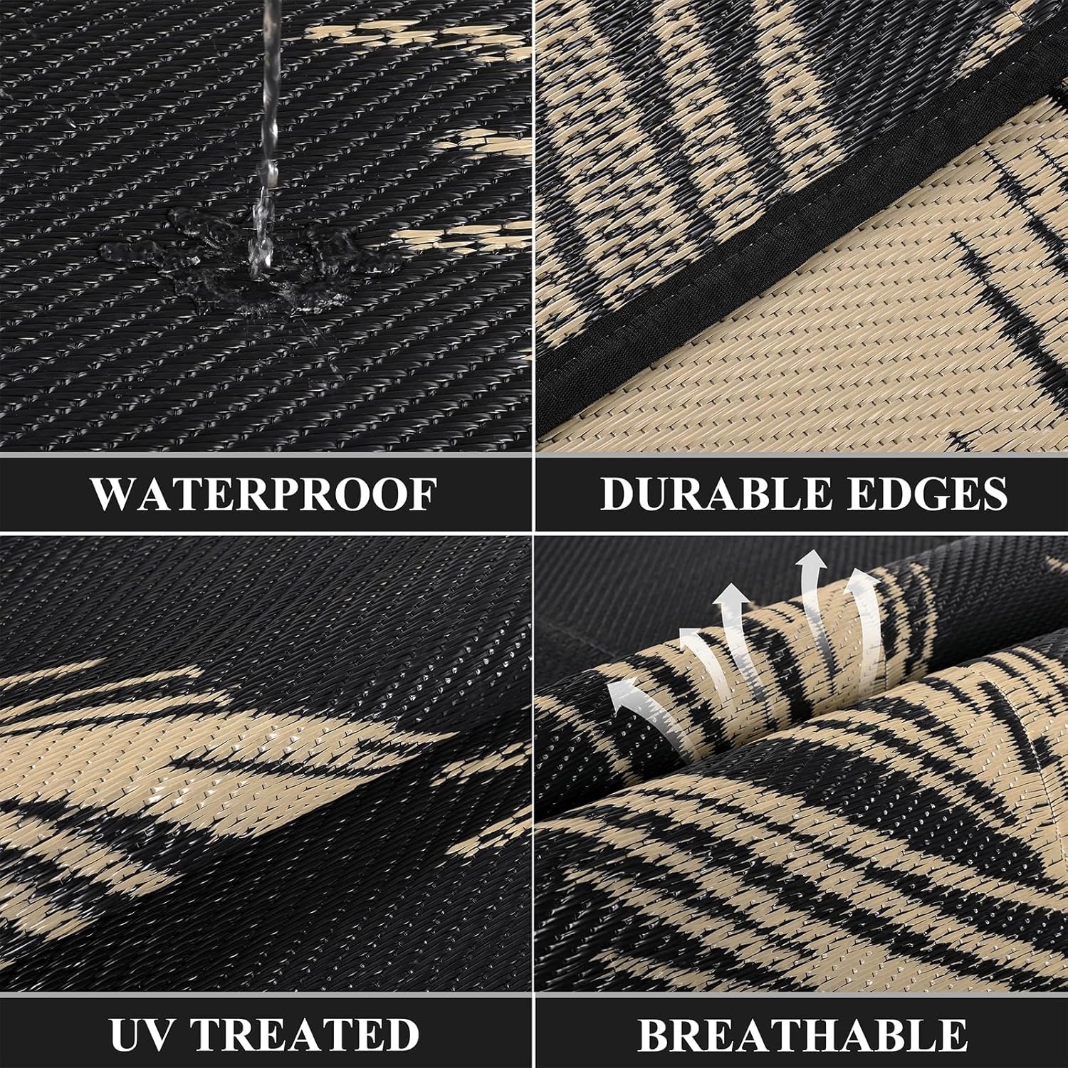 Pauwer Waterproof Outdoor Rug 8x10, Reversible Plastic Straw Patio Camping Rug, Indoor Outdoor RV Mat Carpet for Deck, Camper, Porch, Balcony, Backyard, Picnic, Leaf Black Brown