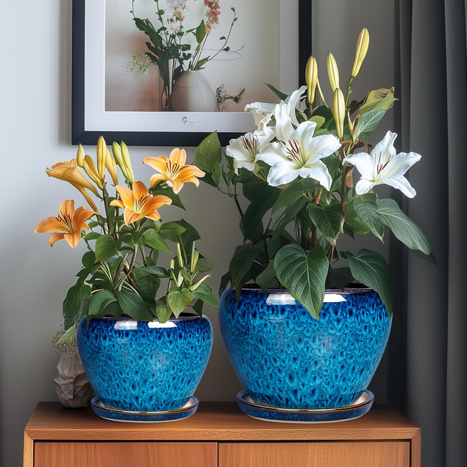 Ceramic Plant Pots Indoor, 10 Inch 8 Inch 6 Inch Round Planters Pots for Indoor Outdoor Plants, Modern Large Flower Pots with Drainage Holes and Saucers, Set of 3, Blue