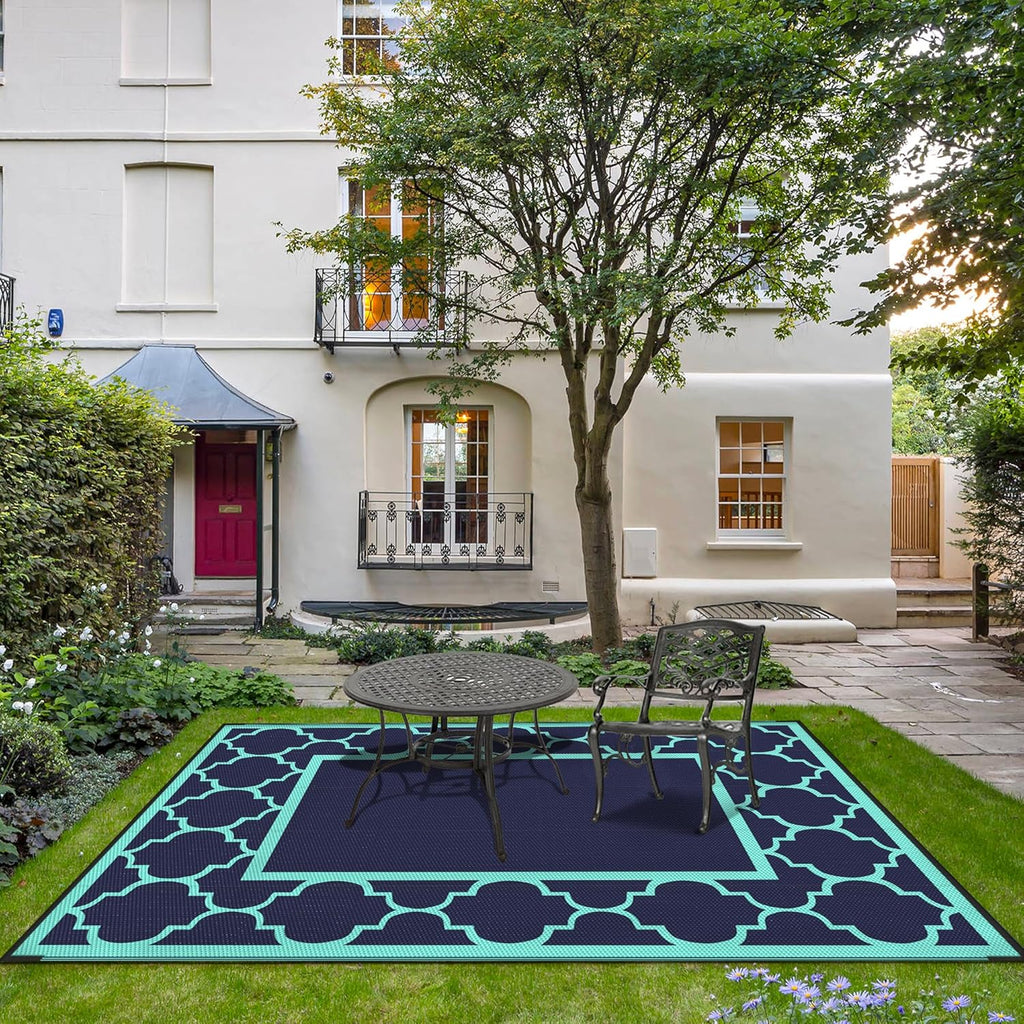 GENIMO 6' x 9' Outdoor Rug Waterproof for Patio Decor, Foldable Reversible Plastic Straw Area Rugs Mat for Camper, Outside Carpet for Rv, Deck, Porch, Picnic, Beach, Balcony, Navy Blue & Jade Green