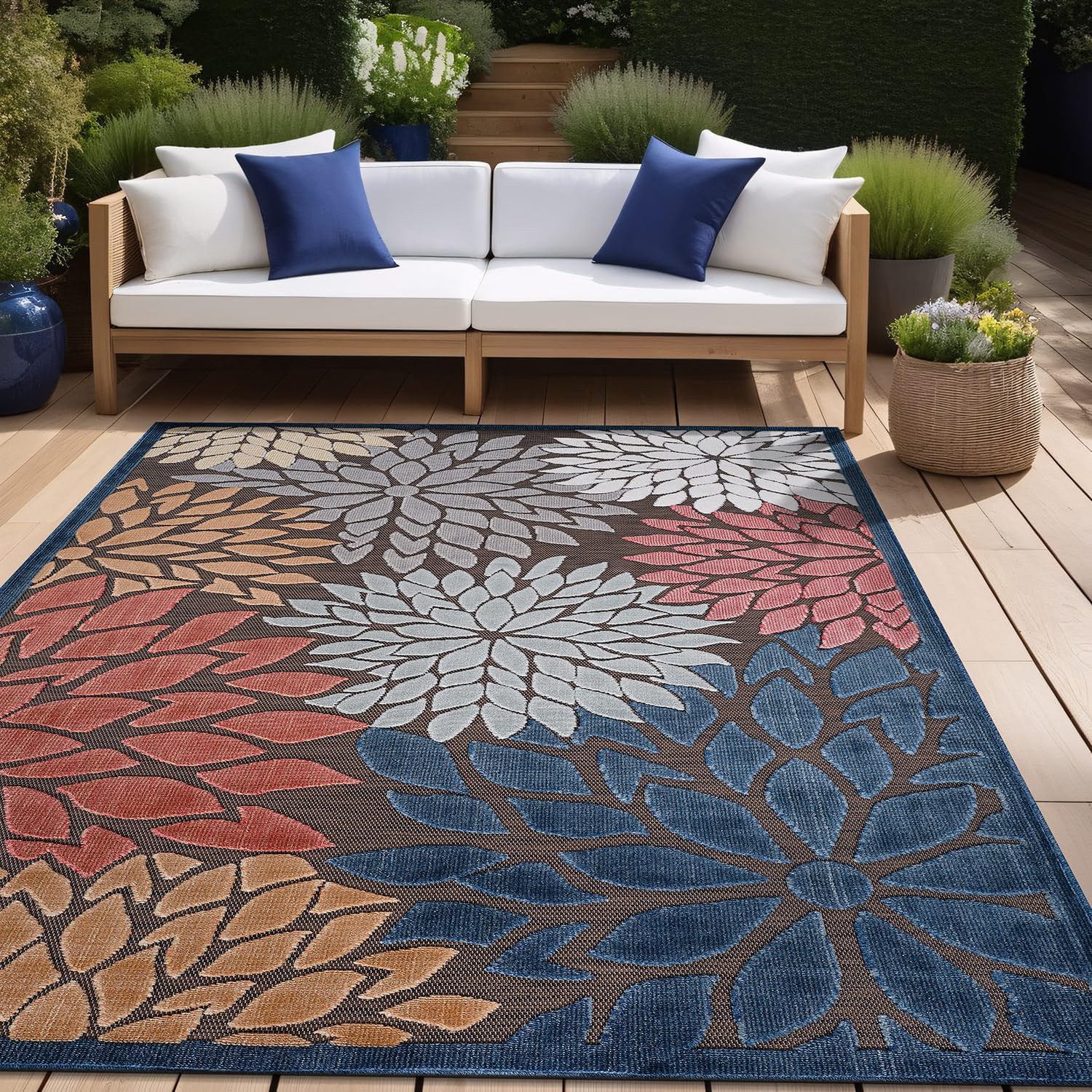 Beverly Rug Outdoor Rug 10x14 Large Modern Floral Tropical Area Rugs for Indoor and Outdoor Patio Easy to Clean Non Shedding Living Room Porch Garden Washable Outside Carpet (10 x 14 Brown)