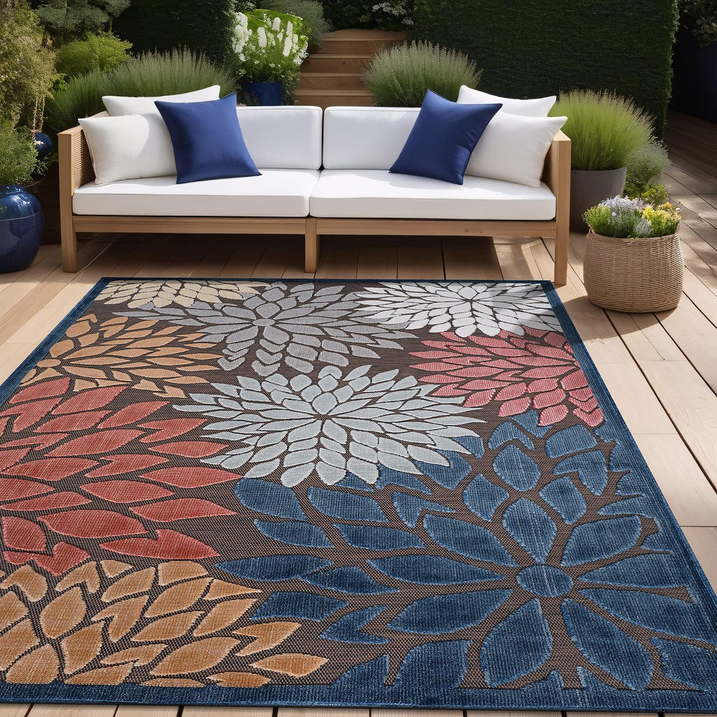 Beverly Rug Outdoor Rug 6x9 Modern Floral Tropical Area Rugs for Indoor and Outdoor Patio Easy to Clean Non Shedding Living Room Porch Garden Washable Outside Carpet (6 x 9 Brown)