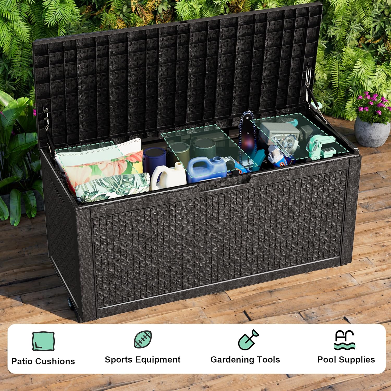 100 Gallon Resin Deck Box, Lockable Outdoor Storage Box for Patio Cushions Storage Furniture,Garden Tools, Pool Supplies, Weatherproof and UV Resistant（Black L）