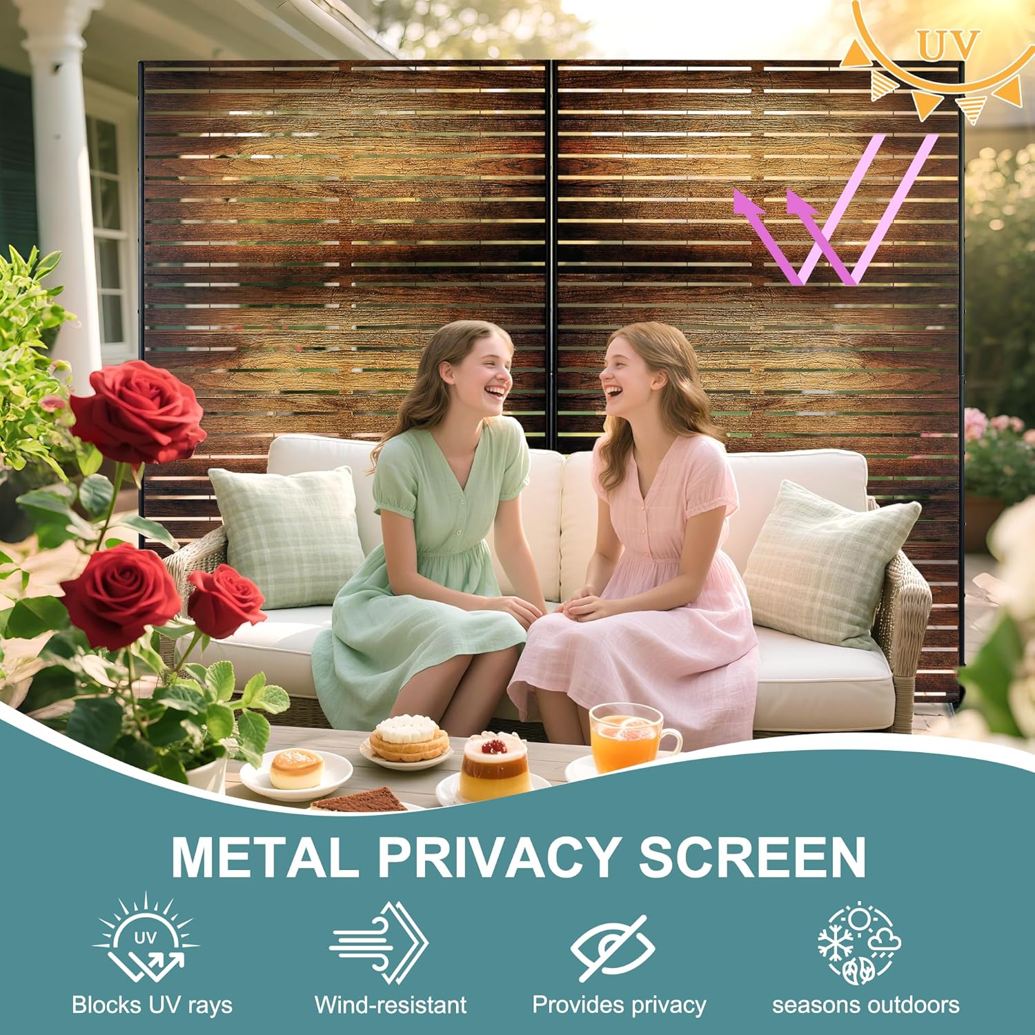 Metal Privacy Screen Outdoor Freestanding Privacy Wall Panels and Decorative Patio Dividers,Crafted from Steel with Sun-Proof Design,Ideal for Patio,Garden,72" H×47" L（Wooden&Vintage-3 Panels