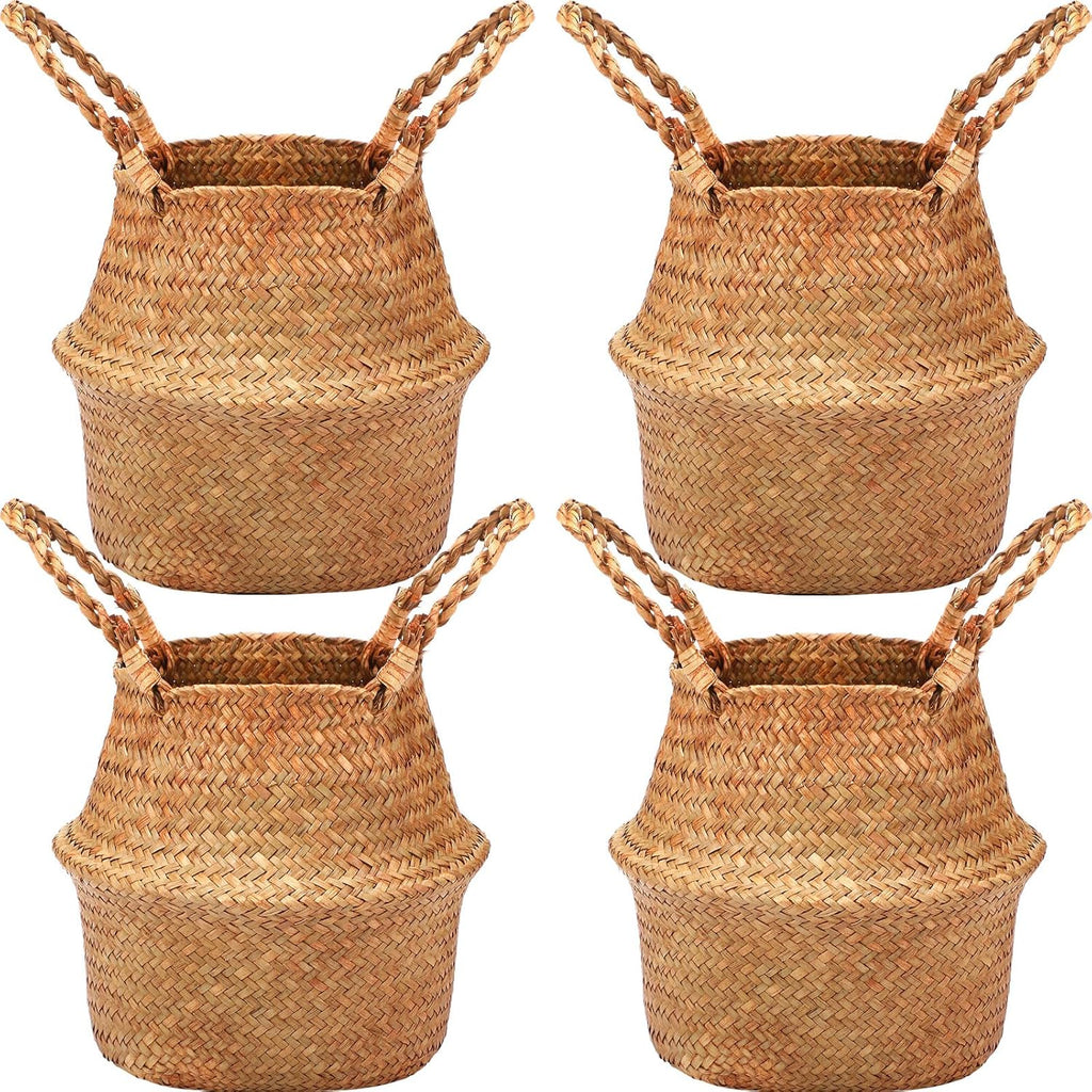 Qunclay Woven Seagrass Baskets Belly Basket Folding Boho Natural Plant Pot with Handles Round Decorative Wicker Large Indoor Planter for Home Outdoor Tree Planters Decor(8.66 x 7.87 Inch, 4 Pcs)