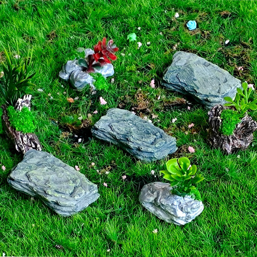Miniature Fake Stone Rocks, Trees with Plants - 7 Piece Decorative Landscape Ornaments for Train Railway Sand Table Fairy Garden Accessories