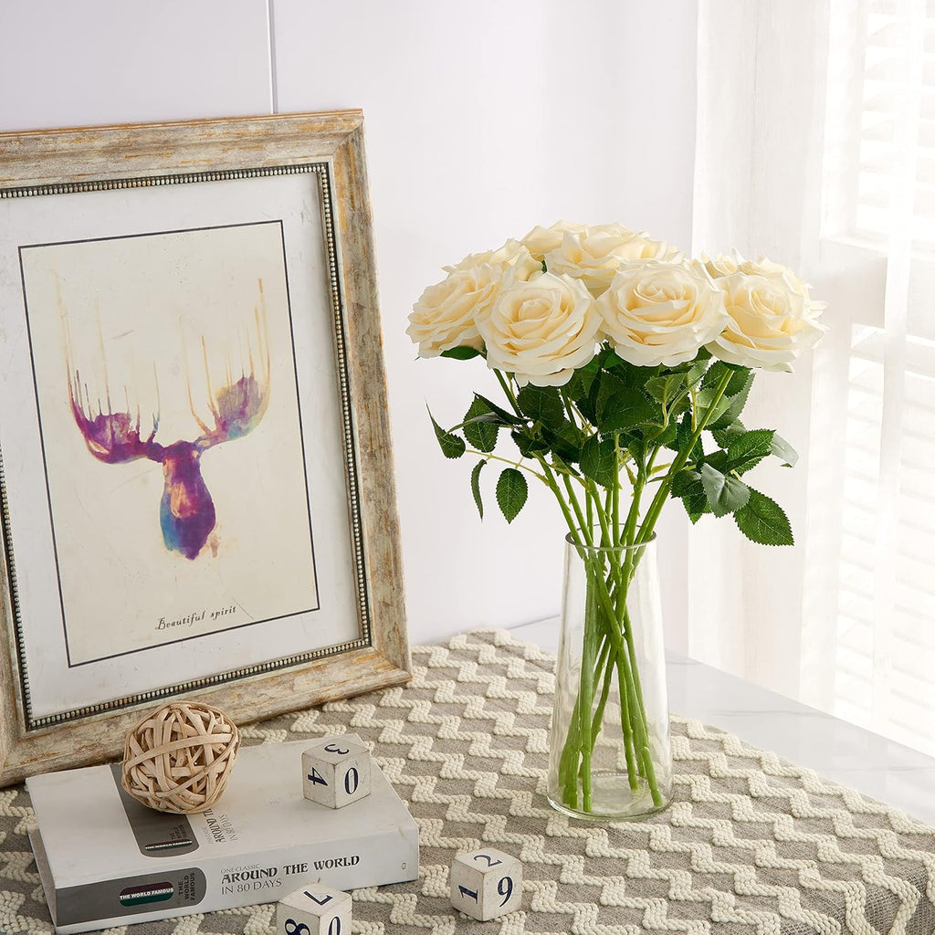 Artificial Rose 10pcs Open Flower Bouquet Faux Rose Stems for Wedding Arrangement, Bridal Bouquet, Centerpiece, Fake Faux Silk Flowers (Ivory)