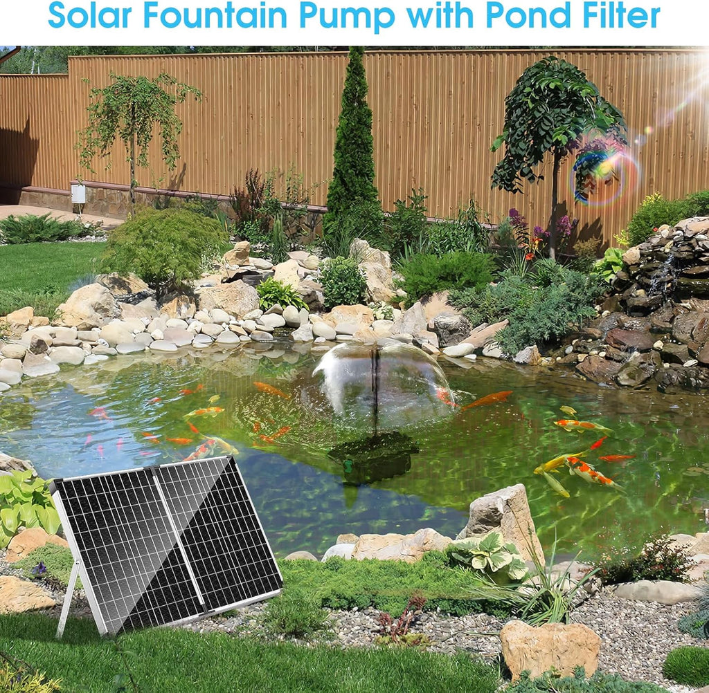 POPOSOAP 40W Solar Fountain Pump with Pond Filter, Solar Pond Filter with 480GPH Adjustable Flow, Pond Filters for Outdoor Ponds Pool Waterfall Koi Pond Water Features
