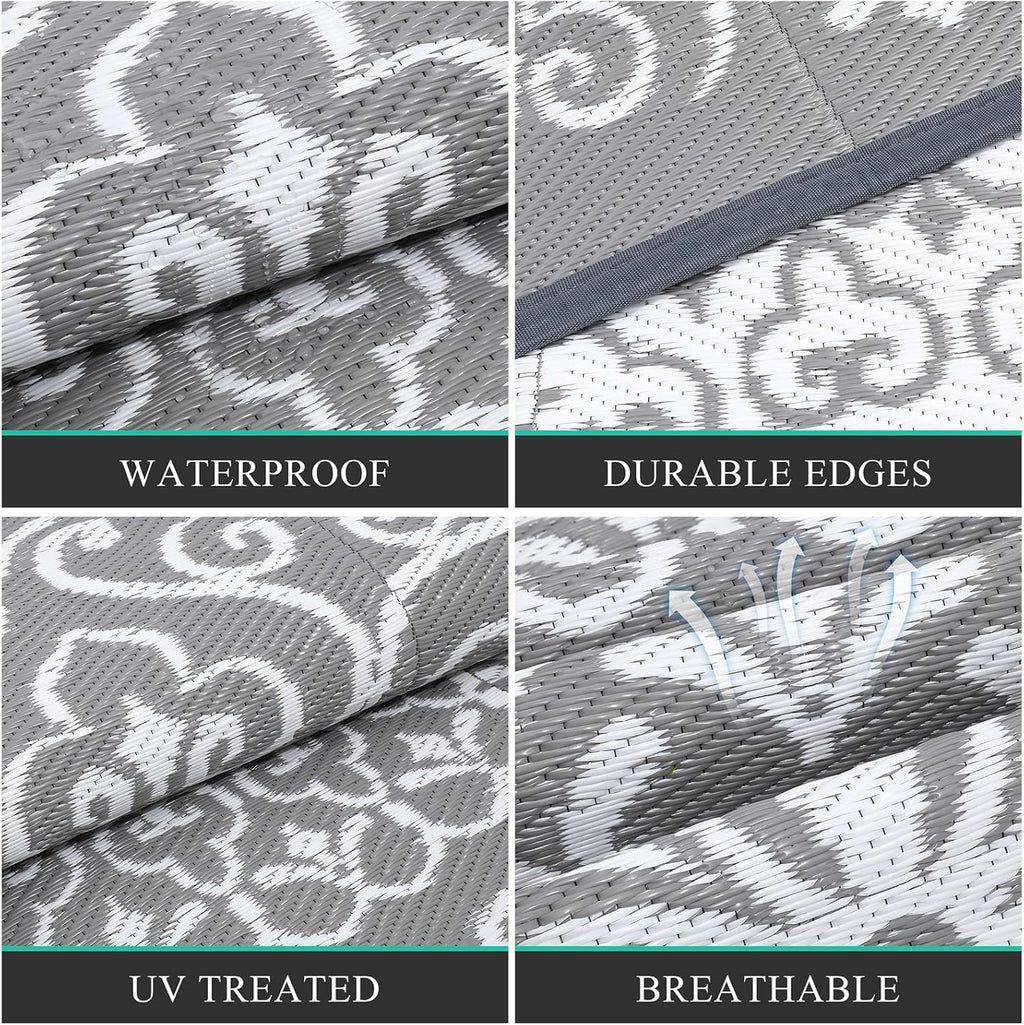 Pauwer Waterproof Outdoor Rug 8x10, Reversible Plastic Straw Patio Camping Rug, Indoor Outdoor RV Mat Carpet for Deck, Camper, Porch, Balcony, Backyard, Picnic, Floral Grey