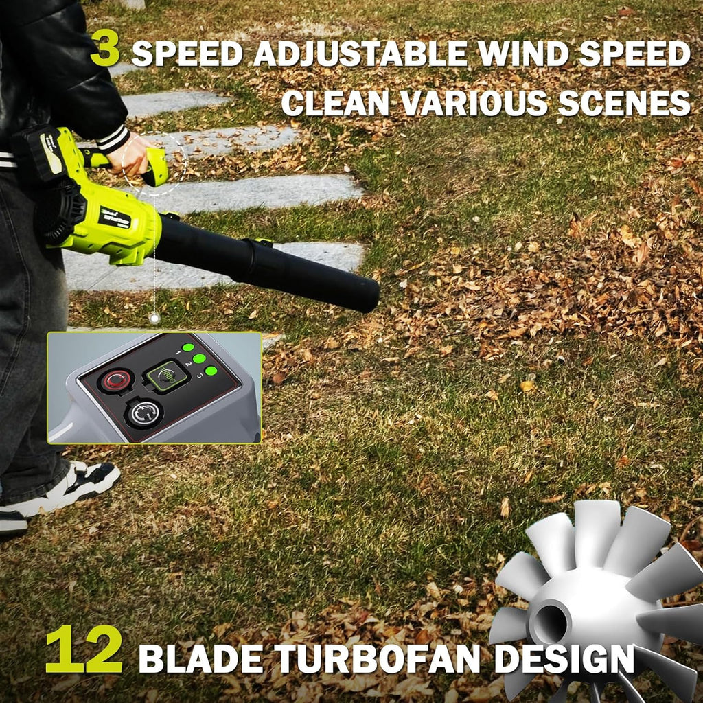 Leaf Blower Cordless,2 x 21V 6.0Ah Battery and Charger, with 680CFM 190MPH Electric Cordless Leaf Blower, 3-Variable Speed & Turbo Mode, Blowers for Lawn Care (5002 D) (Green)