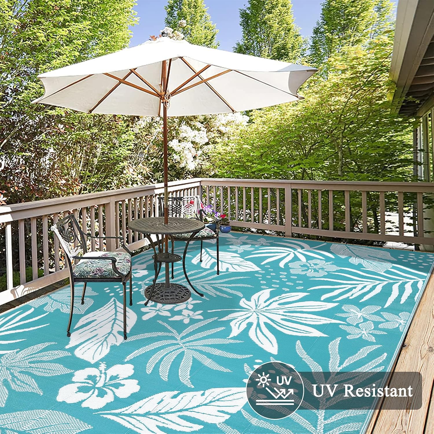 Pauwer Waterproof Outdoor Rug 9x12, Reversible Plastic Straw Patio Camping Rug, Indoor Outdoor RV Mat Carpet for Deck, Camper, Porch, Balcony, Backyard, Picnic, Floral Teal