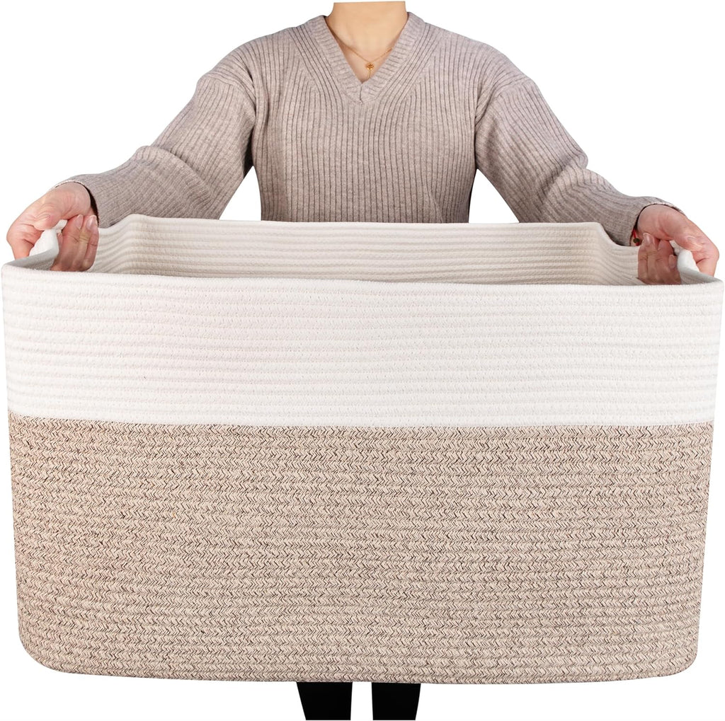 MINTWOOD Design 22in Extra Large Blanket Basket Holder Living Room, Rectangle Rope Woven Storage Basket with Handles for Laundry, Pool Towels, and Shoes, Dog Toy Organizer Bin Box, Light Brown