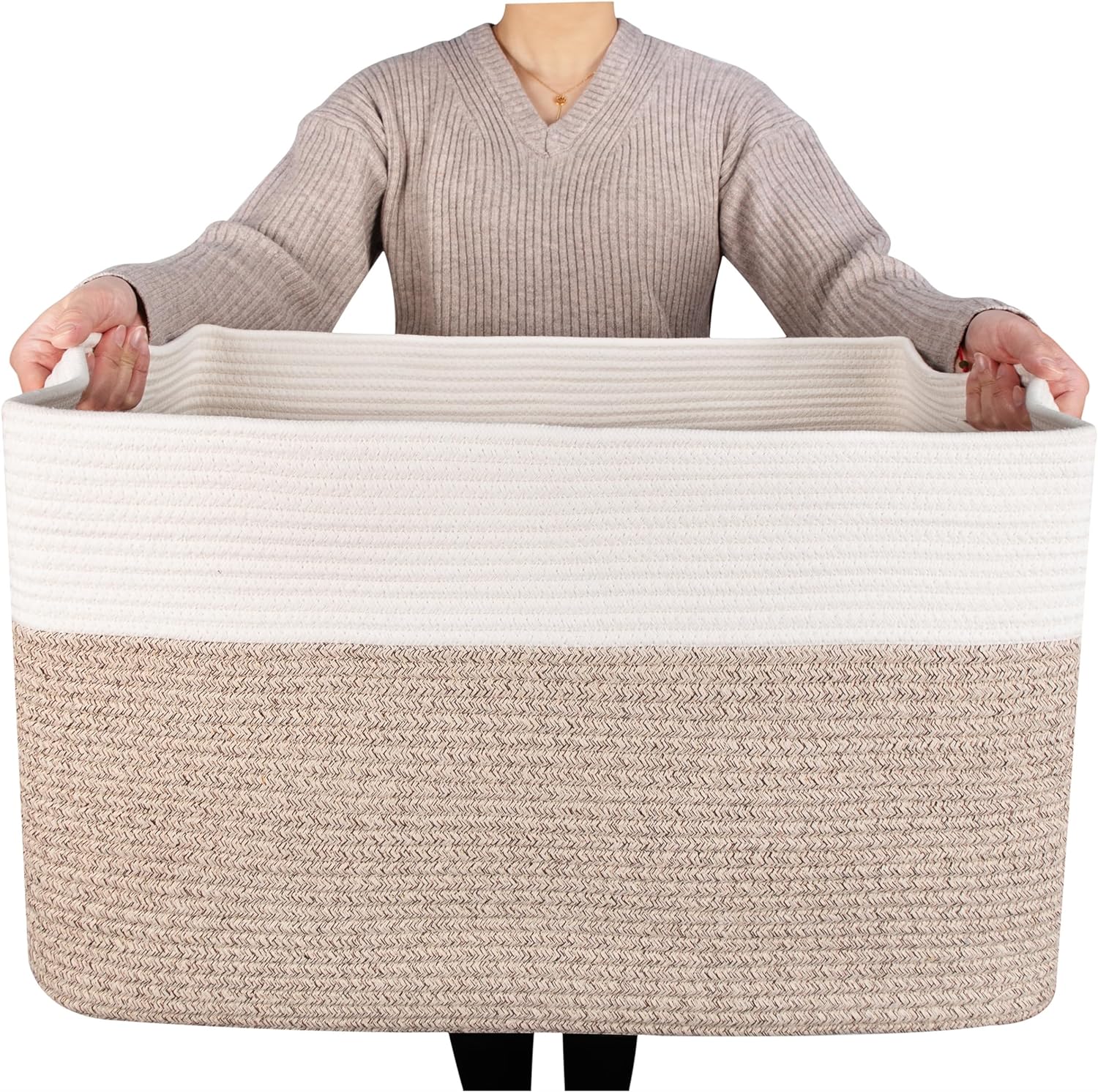 MINTWOOD Design 22in Extra Large Blanket Basket Holder Living Room, Rectangle Rope Woven Storage Basket with Handles for Laundry, Pool Towels, and Shoes, Dog Toy Organizer Bin Box, Light Brown