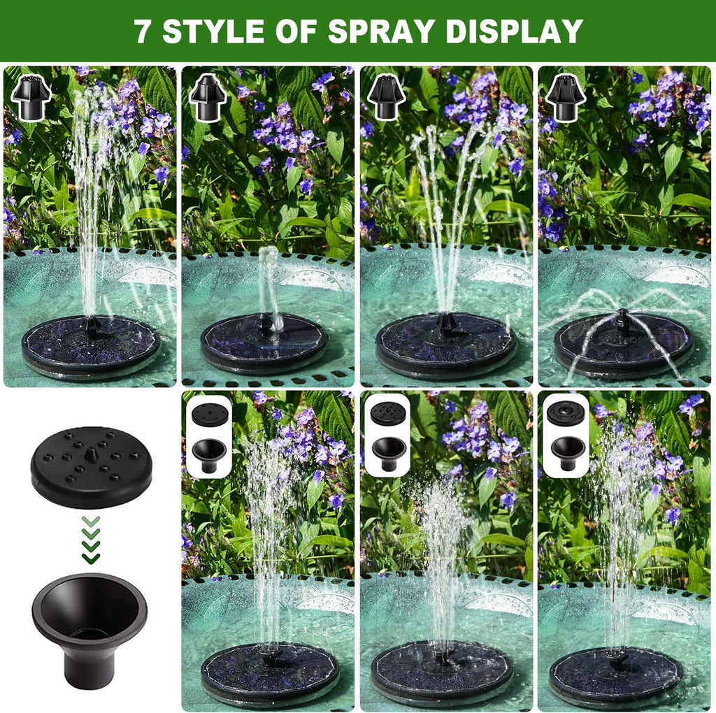 Solar Fountain with 2000 mAh Battery Backup Works in Cloudy, Glass Solar Powered Bird Bath Fountains with 7 Nozzles, 3.5 W Solar Fountain Pump for Birdbath,Garden, Outdoor, Pond (Black)