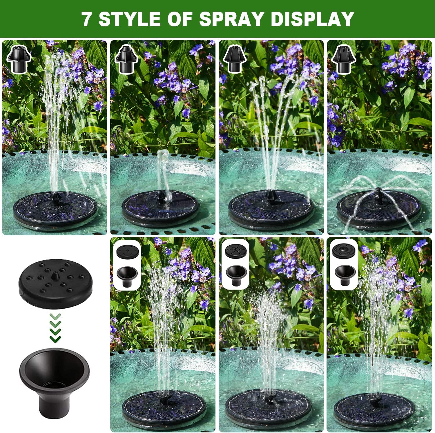 Solar Fountain with 2000 mAh Battery Backup Works in Cloudy, Glass Solar Powered Bird Bath Fountains with 7 Nozzles, 3.5 W Solar Fountain Pump for Birdbath,Garden, Outdoor, Pond (Black)