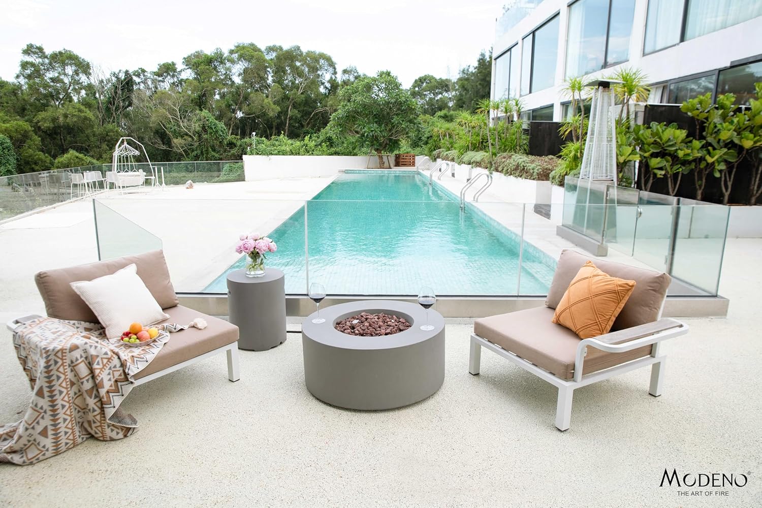 AMS Fireplace | Modeno Tramore Package | Light Gray Natural Gas Fire Pit Table for Outside Patio Bundle with Wind Guard, and SS Burner Lid | Free Ice Bucket & Rubber Mat