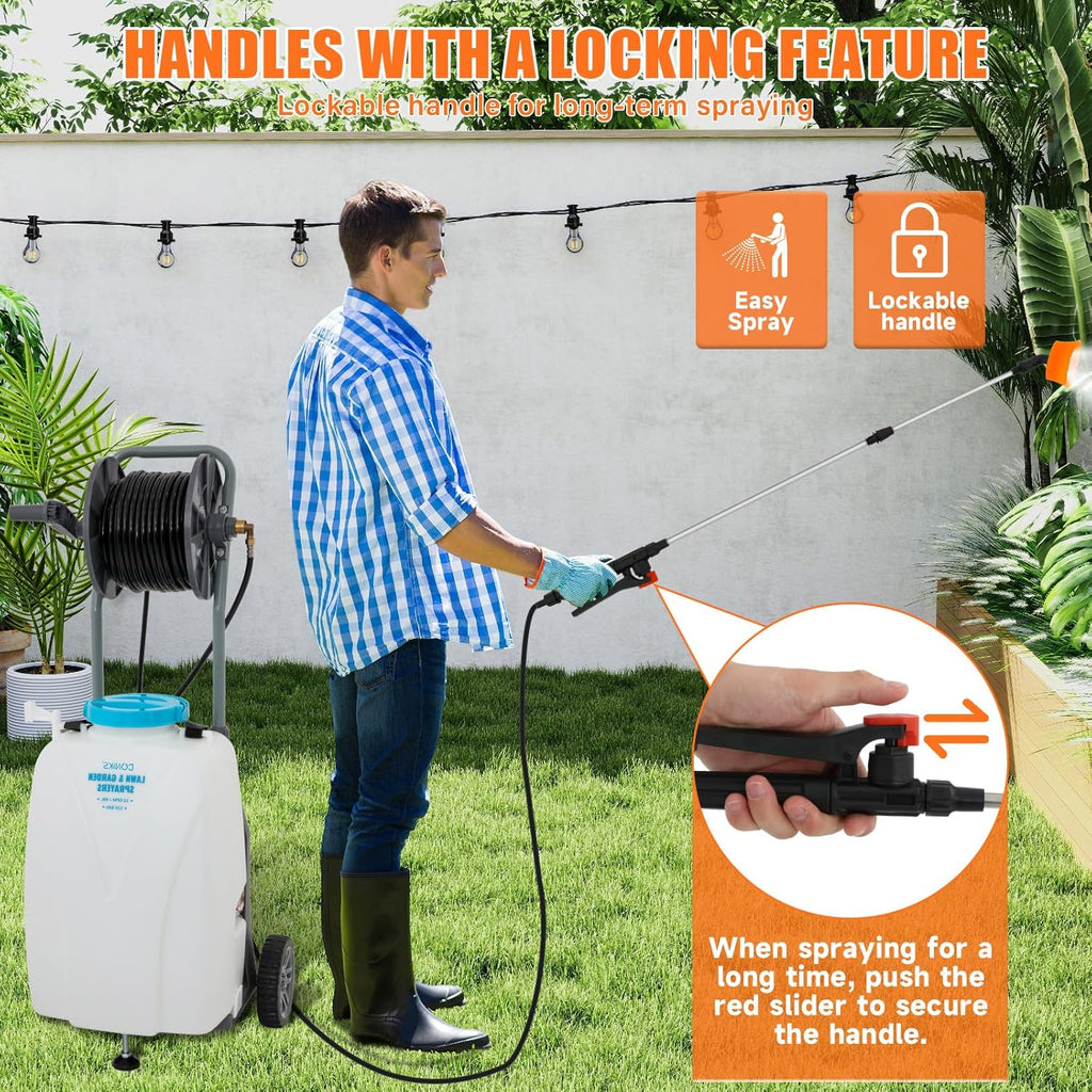 10.6 Gallon Battery Powered Sprayer with Wheeled Cart, 0-90PSI, 12V 8Ah Battery 5-6h Spray Time,98FT Hose with Reel，Adjustable HD Wand and 10 Nozzles for Weeding, Spraying, Cleaning