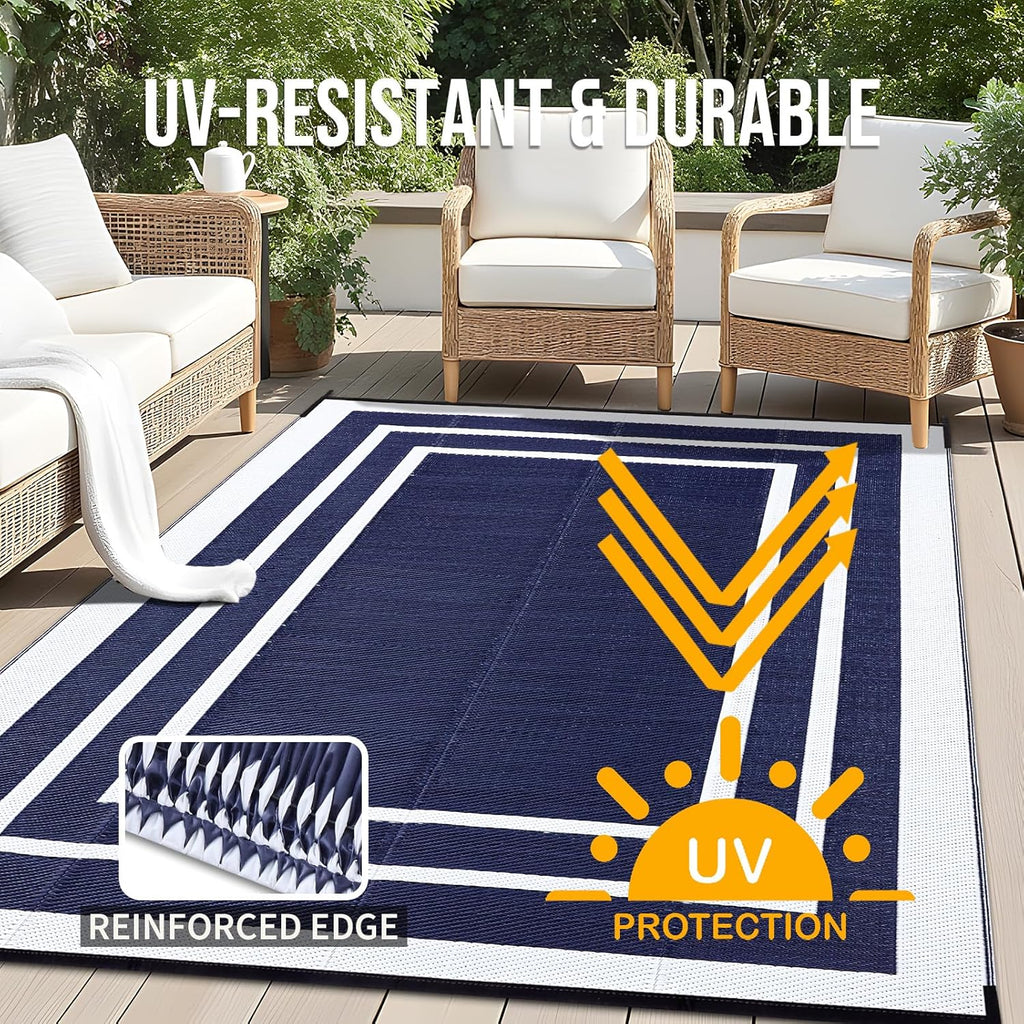 OLANLY Outdoor Rug 6x9 ft Waterproof, Reversible Outdoor Plastic Straw Rug, RV Mat, Indoor Outdoor Carpet Clearance for Patio, Camping, Balcony, Deck, Backyard, Navy & White