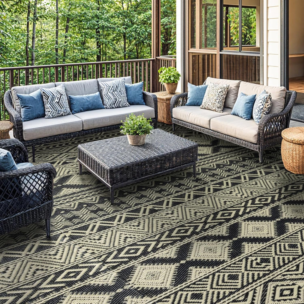 8'x10' Plastic Outdoor Rug - Plastic Straw Rug-Heavy-Duty Waterproof Mat, UV & Fade Resistant for Patio, Camping, RV, Deck, Balcony(8x10,Black&Beige)