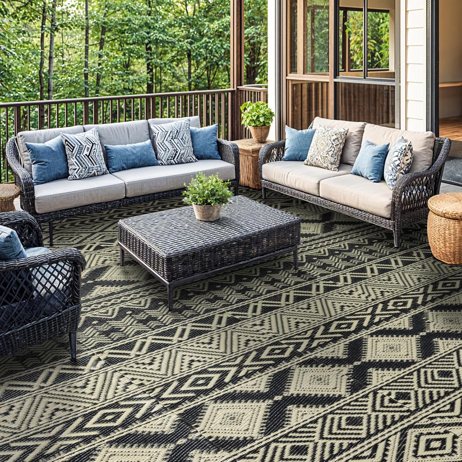 9'x12' Reversible Outdoor Rug - Eco-Friendly Plastic Straw Rug-Heavy-Duty Waterproof Mat, UV & Fade Resistant for Patio, Camping, RV, Deck, Balcony(9x12,Black&Beige)