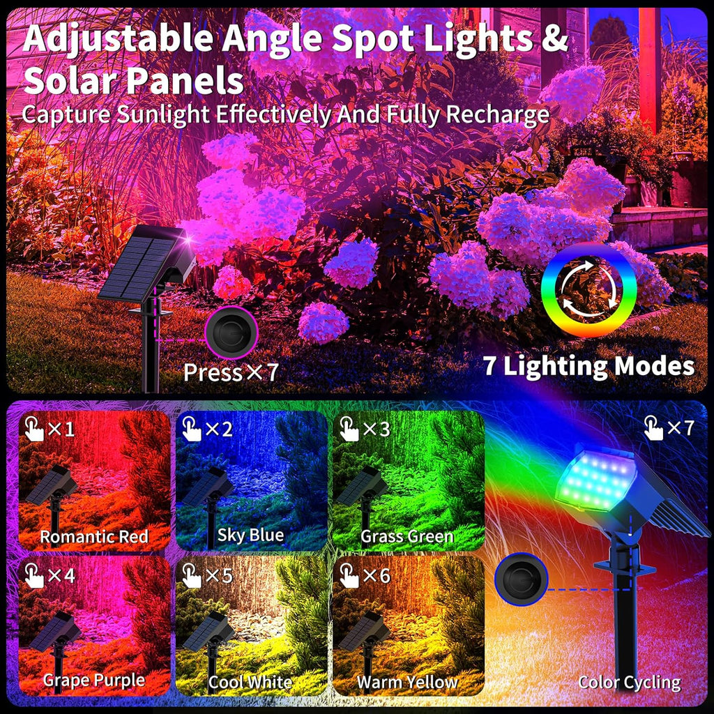 Solar Spot Lights Outdoor Color Changing, [7 Mode/2 Pack] Christmas Landscape Spotlights, Solar Lights Outdoor Waterproof, Solar Led Powered Flood Light for Outside Pathway Yard Garden Walkway