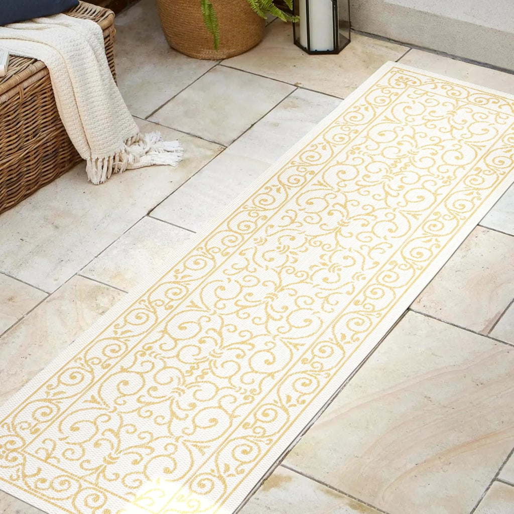 JONATHAN Y SMB106M-28 Charleston Vintage Filigree Textured Weave Indoor Outdoor Runner Rug, Classic, Traditional, Transitional Easy Clean,Bedroom,Kitchen,Backyard,Patio, Non-Shed, Cream/Yellow, 2 X 8