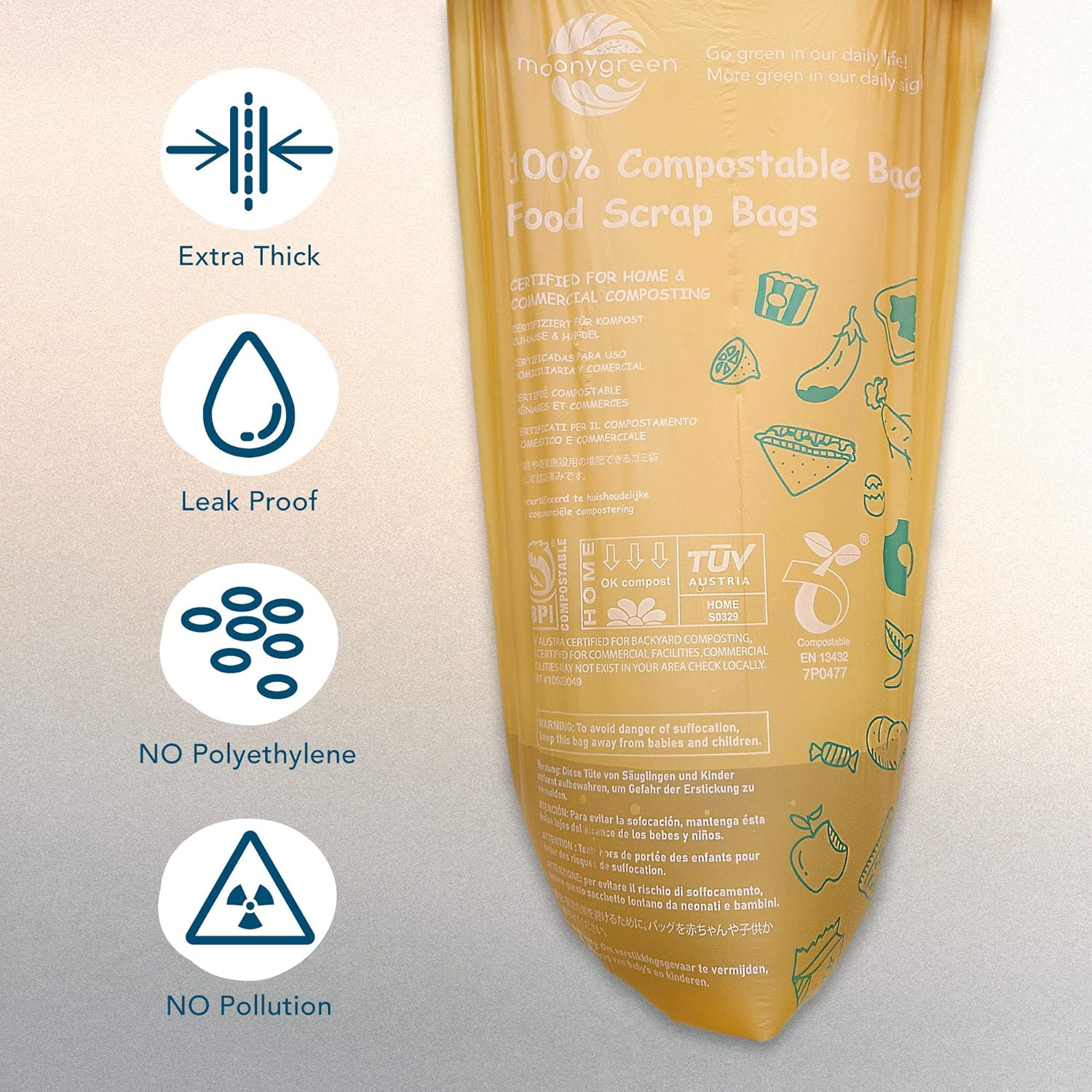 Compostable Trash Bags, 2.6 Gallon, 9.84 Liter, 200 Count, Extra Thick, Food Scrap Small Kitchen Waste Bags, US BPI ASTM D6400 and Europe OK Compost Home Certified