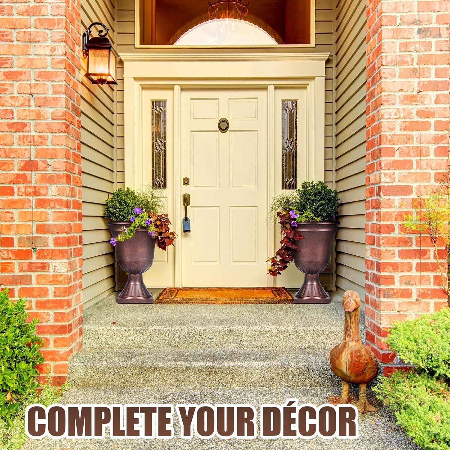 Dandat 4 Pack Large Outdoor Urn Planter 22 inch Tall Plastic Planter for Front Proch Classic Vase Decorative Garden Pot for Indoor Outdoor Door Patio Deck Decor (Vintage Copper)