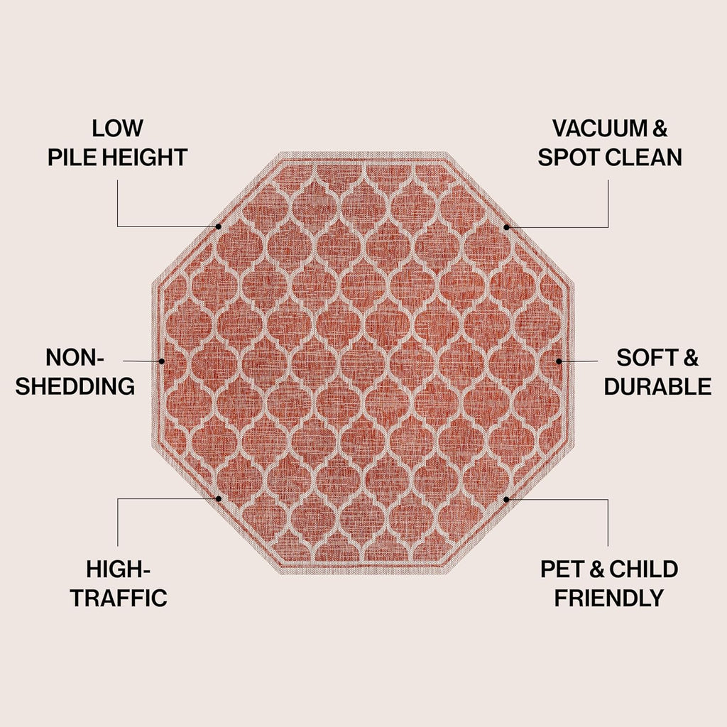 Eyely BMS109C-5TGN Trebol Moroccan Trellis Textured Weave Red/Beige 5' Octagon Indoor/Outdoor Area Rug, Red/Beige, 5' Octagon, Indoor/Outdoor, Area Rug