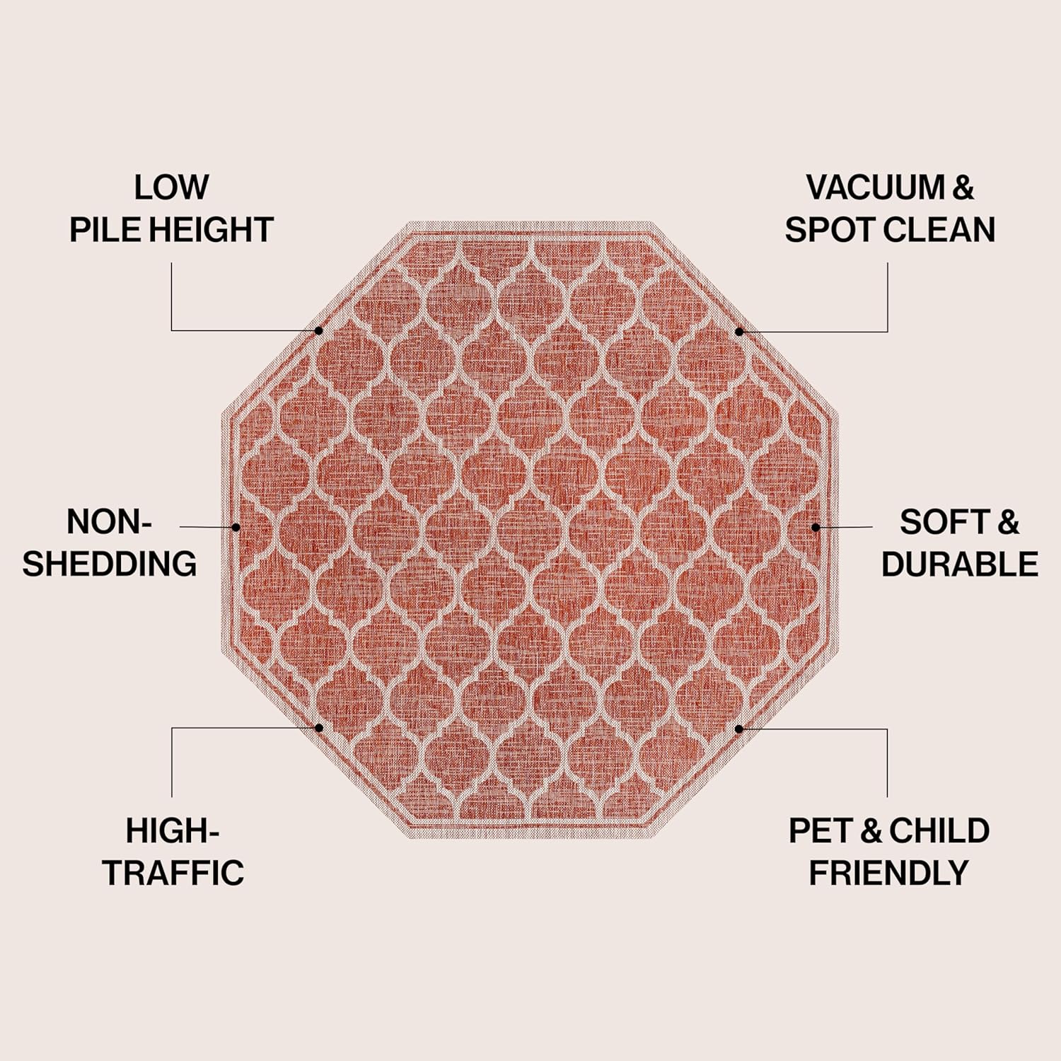 Eyely BMS109C-5TGN Trebol Moroccan Trellis Textured Weave Red/Beige 5' Octagon Indoor/Outdoor Area Rug, Red/Beige, 5' Octagon, Indoor/Outdoor, Area Rug