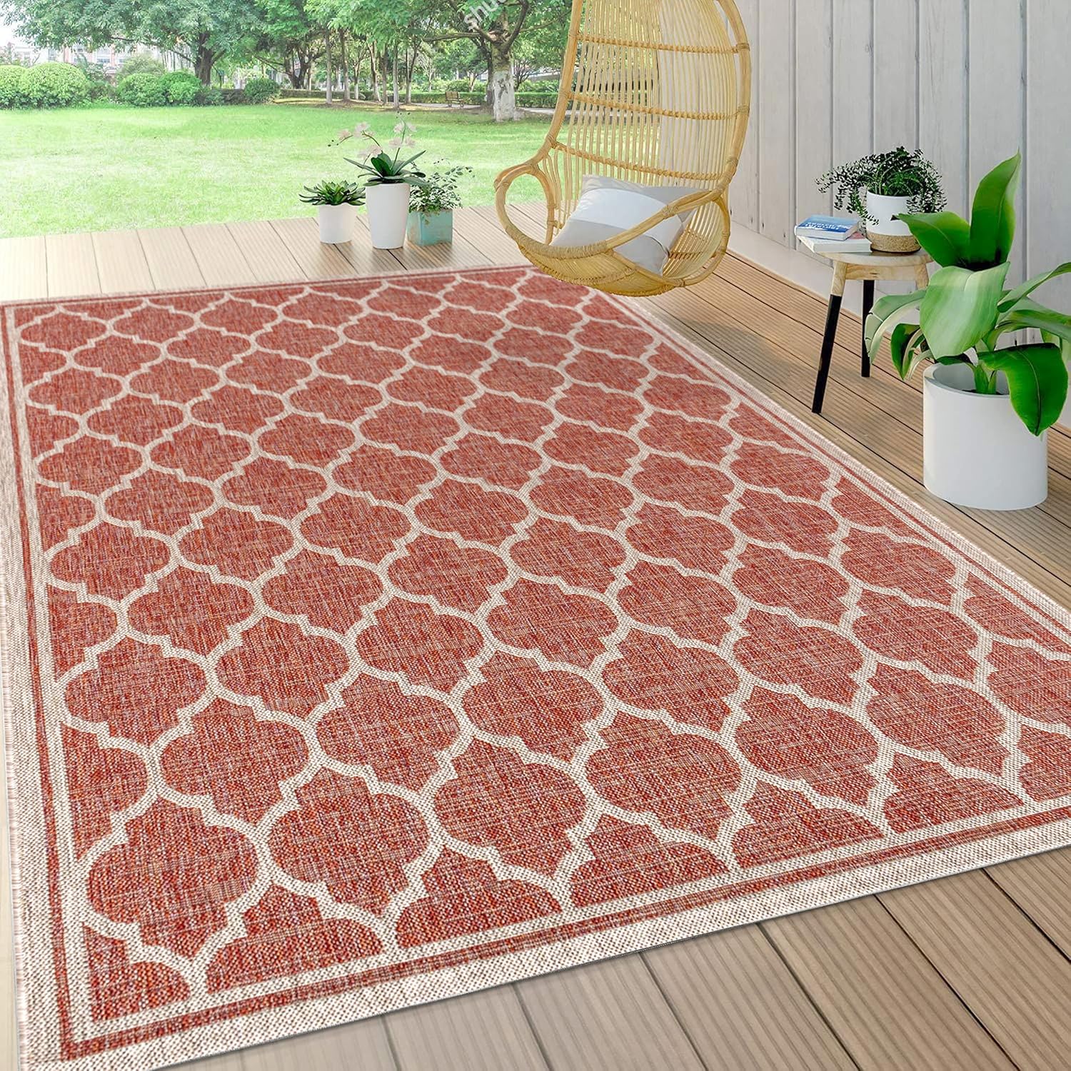 Eyely BMS109C-6 Santa Monica Trebol Moroccan Trellis Textured Weave, Pet Friendly, Non-Shedding, Stain Resistant, Easy-Cleaning, Red/Beige, 6 ft. x 9 ft., Indoor/Outdoor, Area Rug