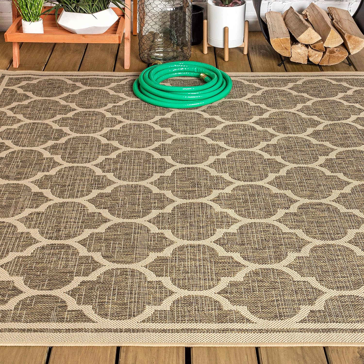 Eyely BMS109A-5 Santa Monica Trebol Moroccan Trellis Textured Weave Indoor/Outdoor Area Rug Coastal;Bohemian, Bedroom, Backyard, Patio, Easy-Cleaning, Non-Shedding, 5 X 8, Brown/Beige