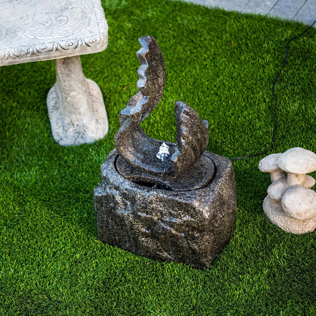 XBrand 25 in H Stone-Look Sculptural Modern Freestanding Fiber Resin Outdoor Garden Fountain w/LED Light, Black