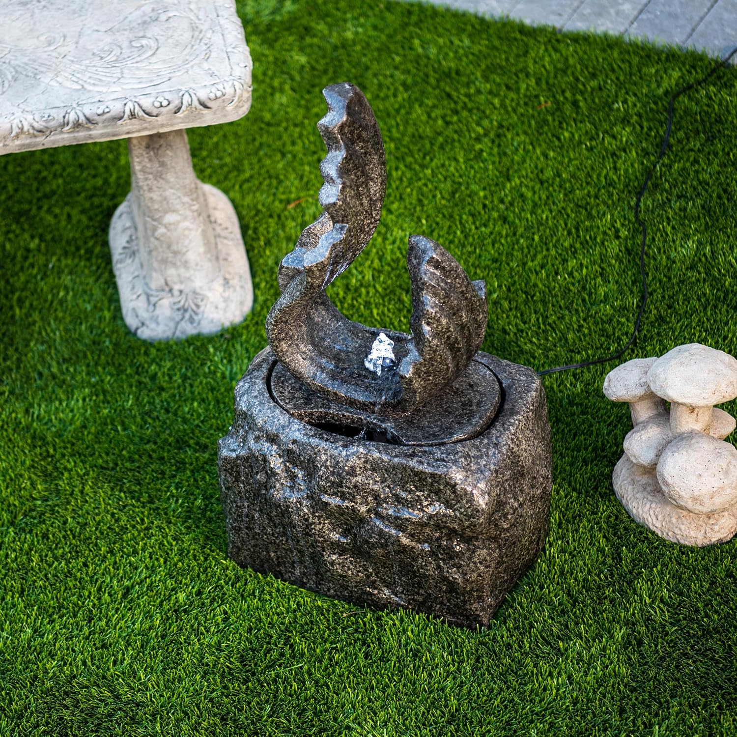 XBrand 25 in H Stone-Look Sculptural Modern Freestanding Fiber Resin Outdoor Garden Fountain w/LED Light, Black