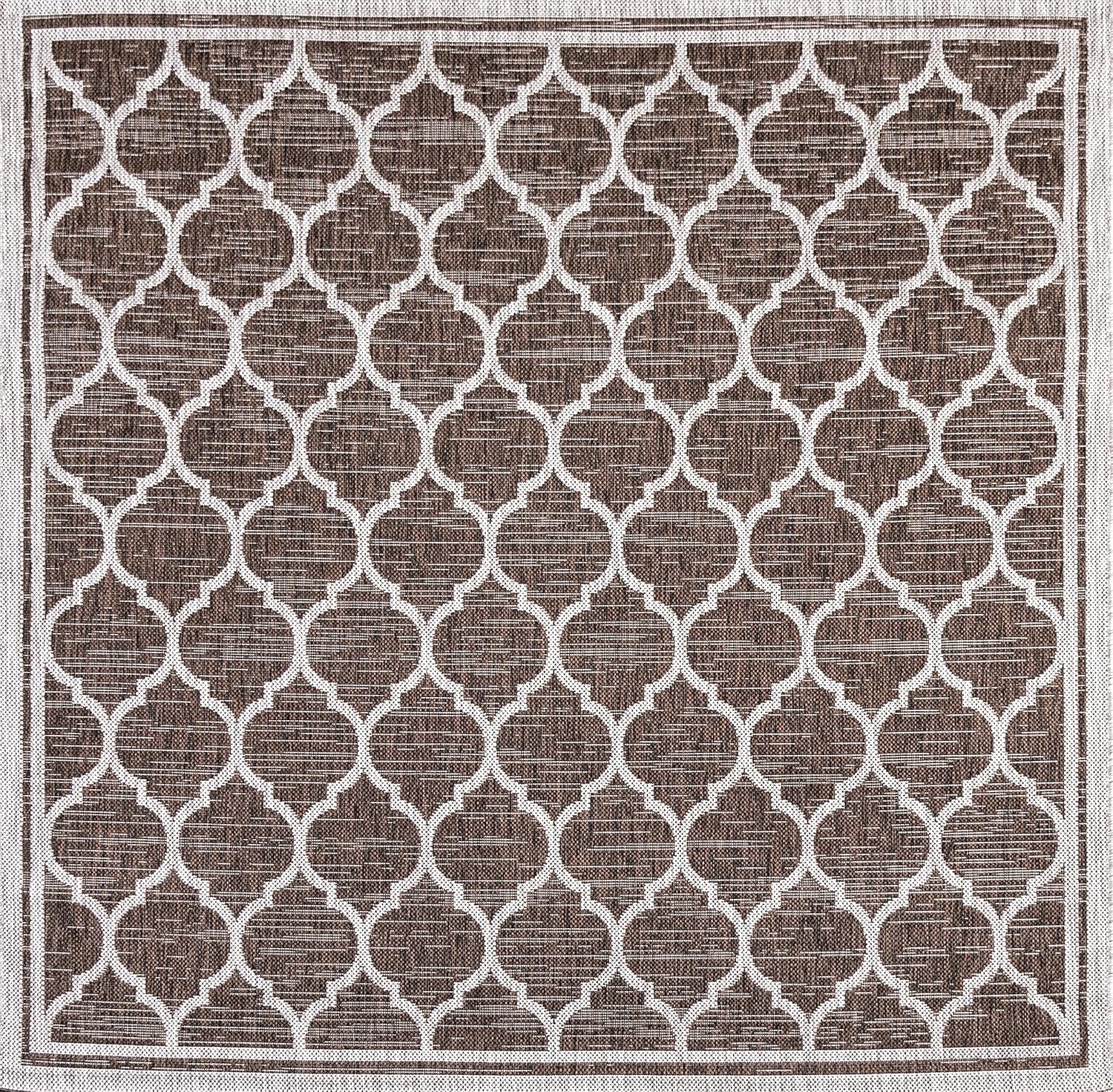 Eyely BMS109B-5SQ Santa Monica Trebol Moroccan Trellis Textured Weave Indoor/Outdoor Area Rug Coastal;Bohemian, Bedroom, Backyard, Patio, Easy-Cleaning, Non-Shedding, 5' Square, Espresso/Taupe