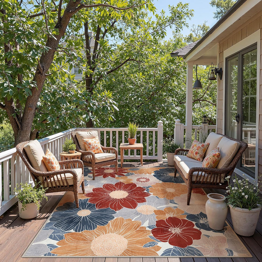 GENIMO Indoor Outdoor Area Rug 6' X 9' Waterproof, Washable Patio Rug Non Shedding, Easy Cleaning Floral Outdoor Carpet for Living Room, Bedroom, Dining Room, Balcony, Backyard, Deck, RV, Red Blue