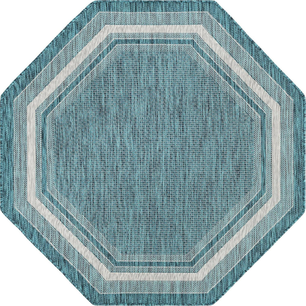 Unique Loom Outdoor Border Collection Area Rug - Soft Border (5' 1" Octagon, Teal/ Ivory)