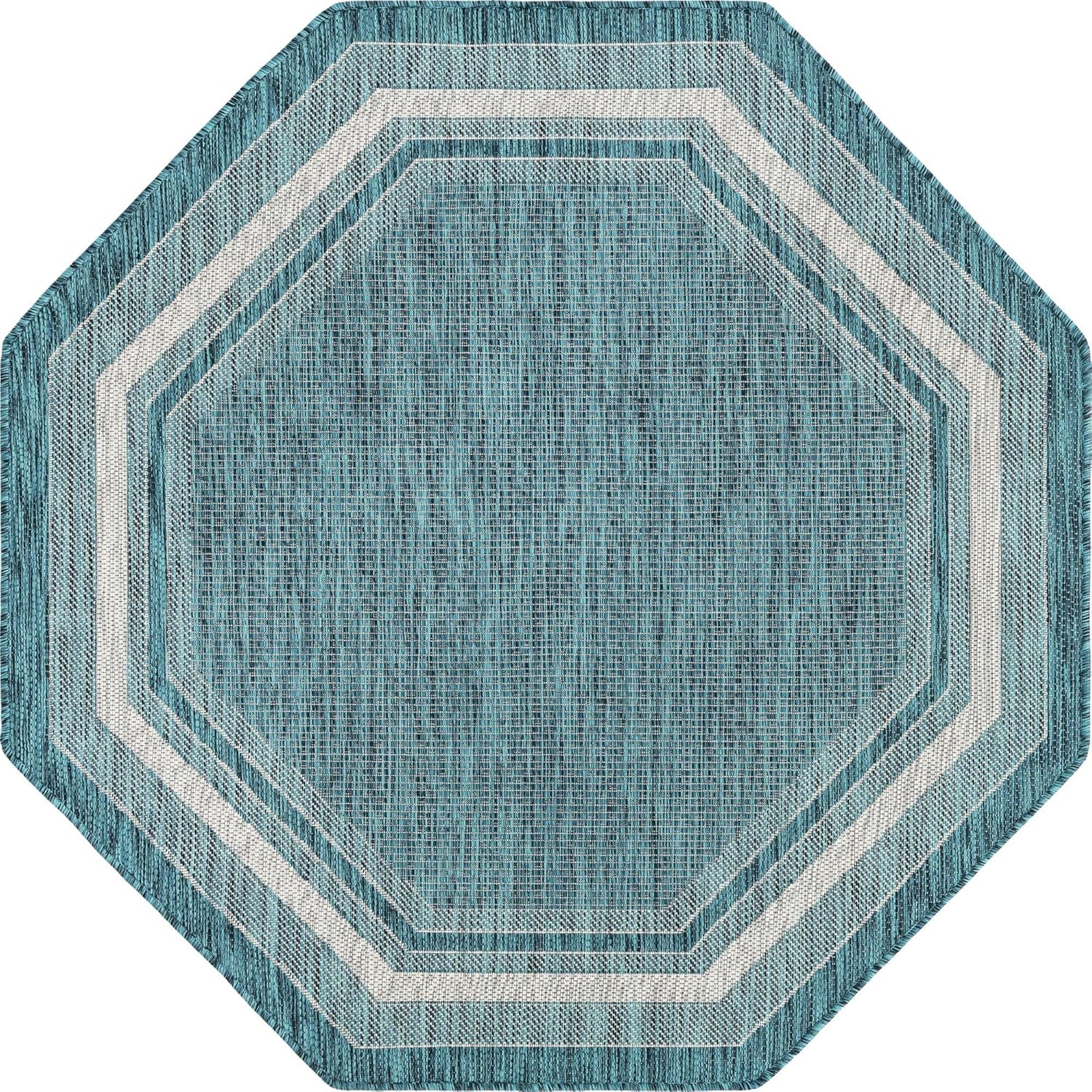 Unique Loom Outdoor Border Collection Area Rug - Soft Border (5' 1" Octagon, Teal/ Ivory)